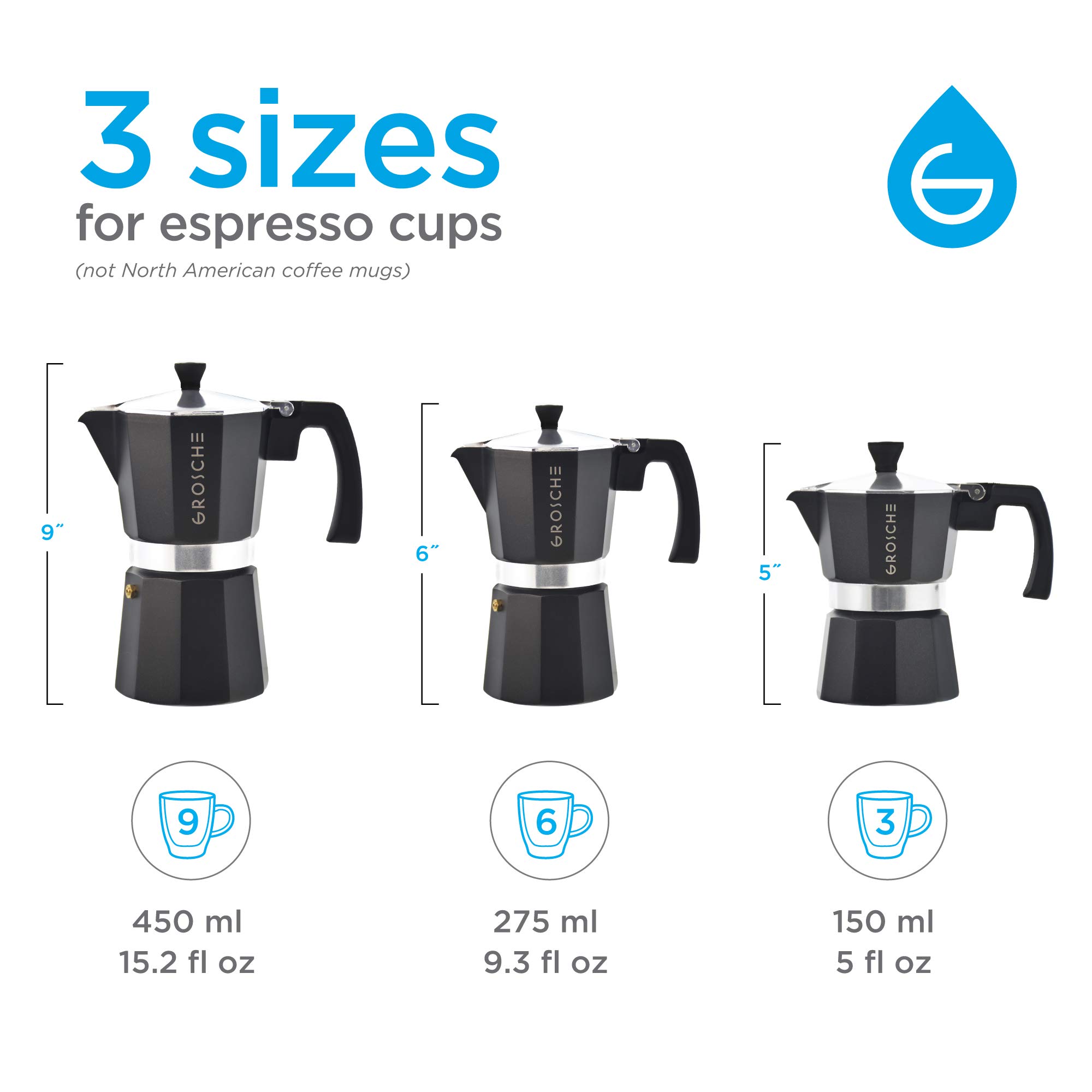 GROSCHE Milano Stovetop Espresso Maker - 6 Cup Moka Pot for Cuban & Italian Coffee | Durable Aluminum Coffee Brewer for Gas & Electric Stoves | Perfect for Home, Office & Camping Use