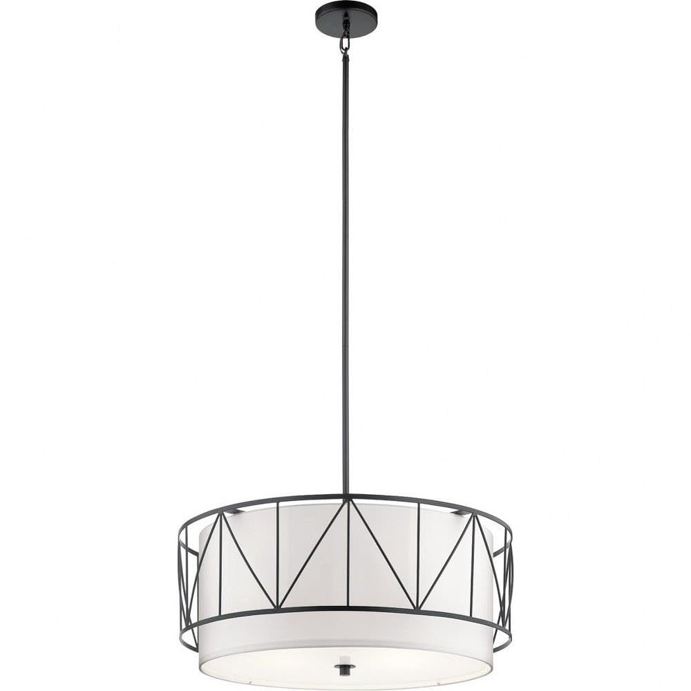 4-Light Modern Geometric Cage Drum Pendant Light Fixture with Satin Etched Glass - Black Chandelier for Dining Room, Kitchen Island & Living Room Lighting