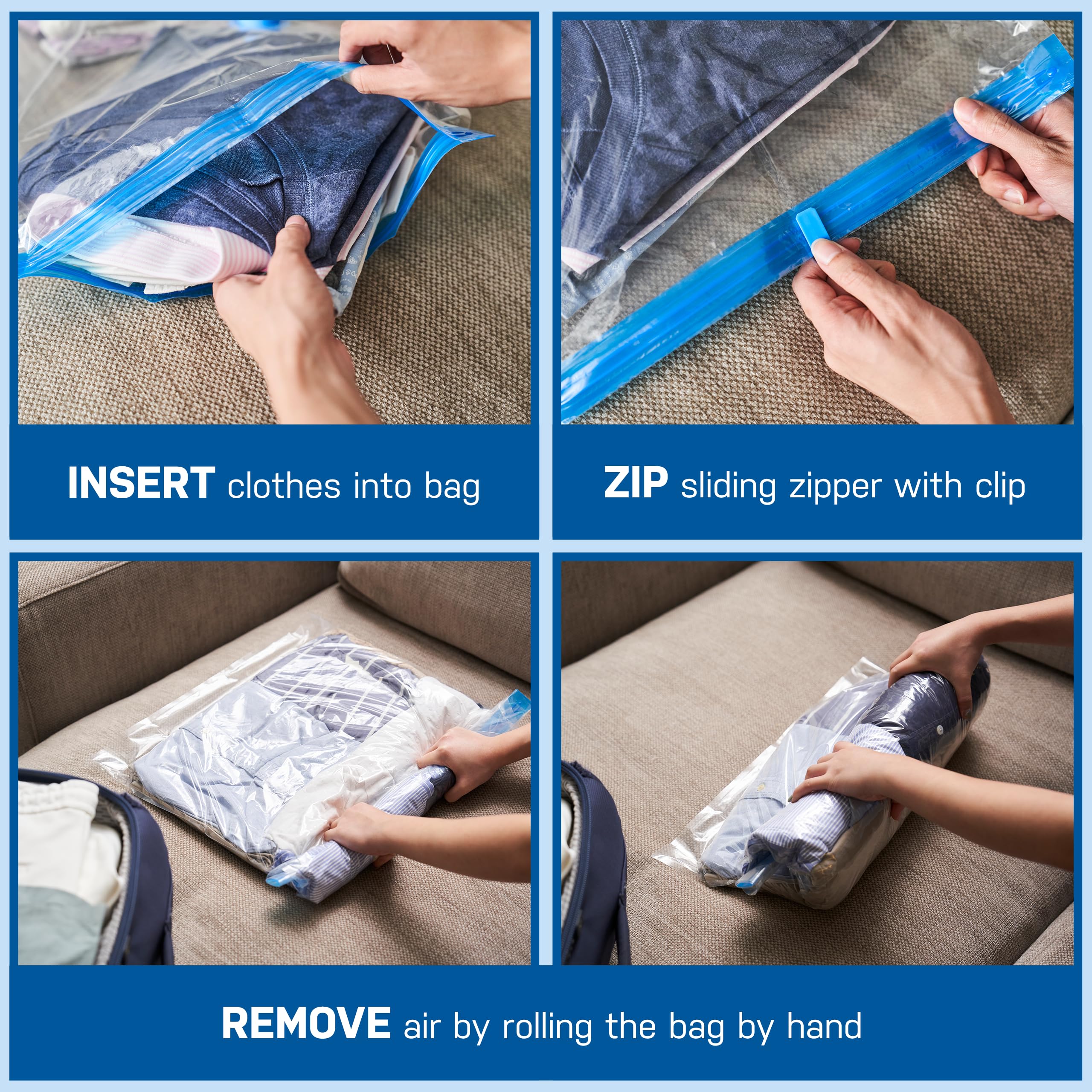 Premium Travel Compression Storage Bags - 8 Pack Space Saver Bags with Double-Zip Seal & Turbo Valve for 80% More Storage | Ideal for Suitcases, Closet Organization & Seasonal Clothing Storage