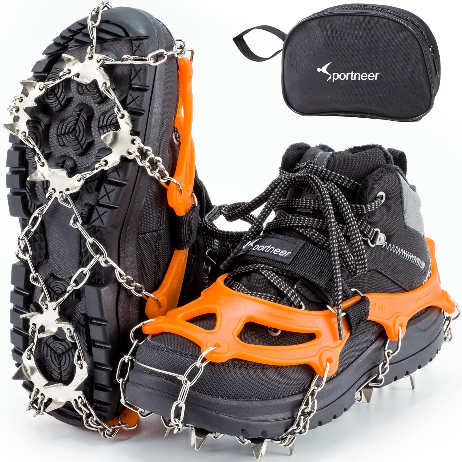 Sportneer 19 Stainless Steel Spikes Anti-Slip Crampons for Hiking Boots - Ice Cleats for Shoes & Boots - Snow Grips for Men & Women - Perfect for Hiking, Fishing, Walking on Ice & Snowy Terrains