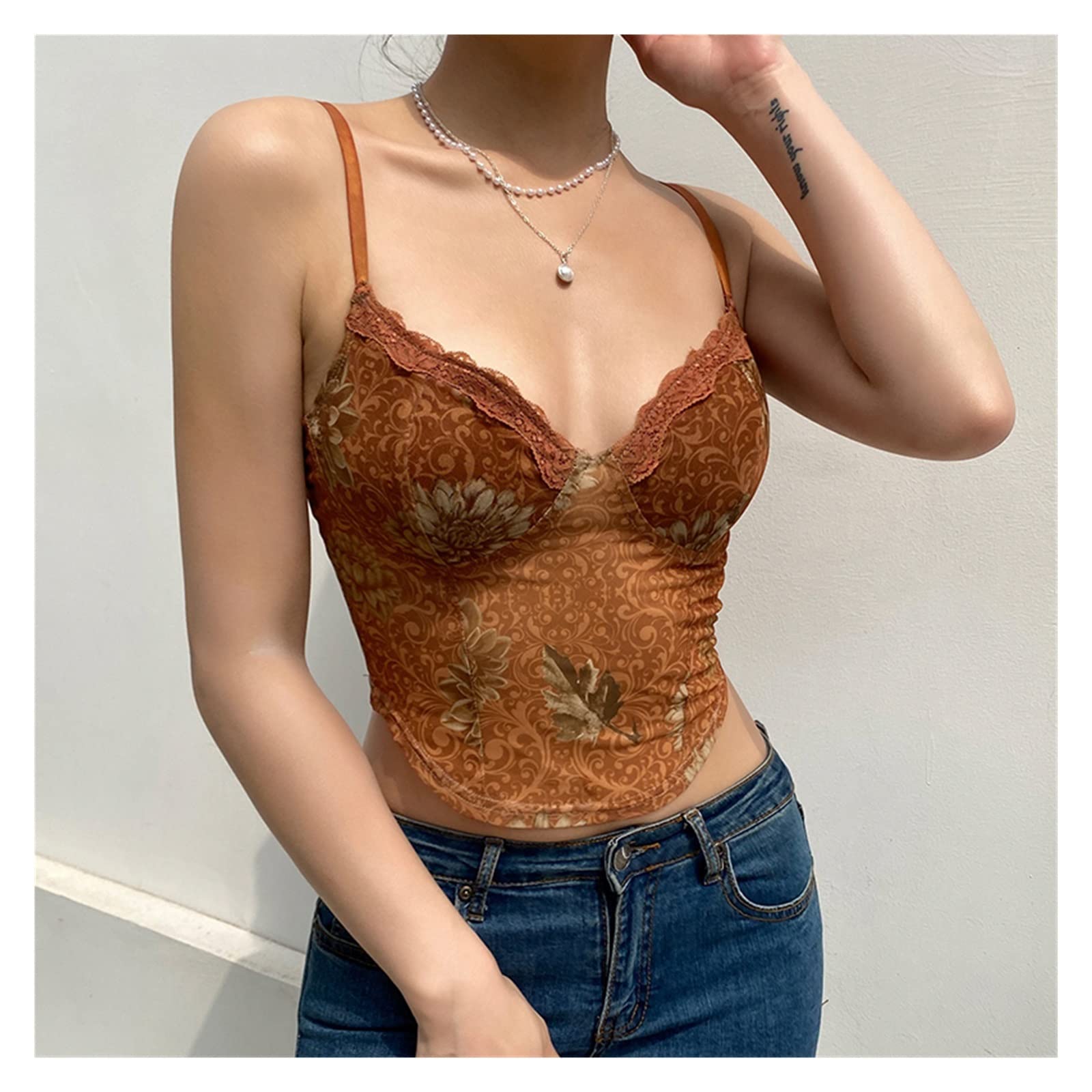 Vintage Floral Print Women's Camisole - V Neck Lace Trim Sexy See-Through Summer Crop Top (Color A, Size S) | Perfect for Beach Outfits, Music Festivals & Date Nights
