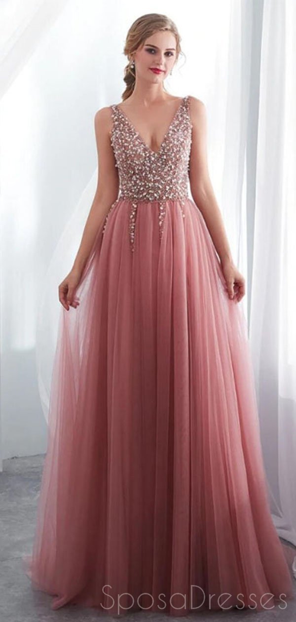 Elegant Dusty Pink V-Neck Beaded Long Evening Prom Dress with Side Slit | Custom Sweet 16 Dresses for Women | Perfect for Prom Night, Homecoming, Formal Events & Special Occasions