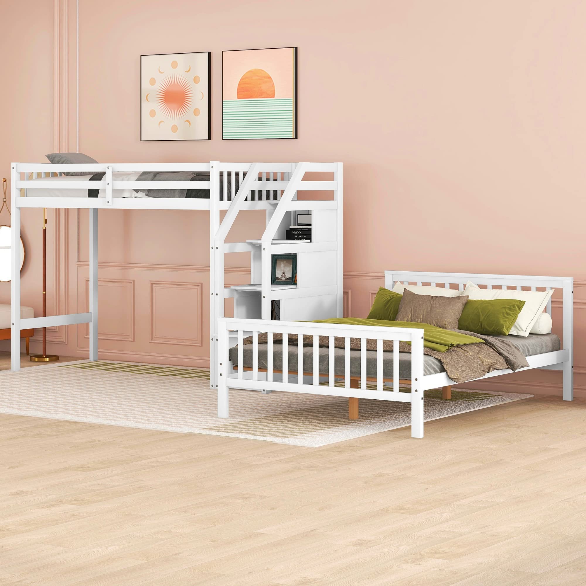 Harper & Bright Designs Twin Over Full Bunk Bed with Staircase - Wooden L-Shaped Kids Bunk Beds with Storage Drawers, Twin Loft Bed & Full Platform Bed (No Box Spring Needed) - Perfect for Small Bedrooms, Kids' Rooms & Space-Saving Solutions (White)