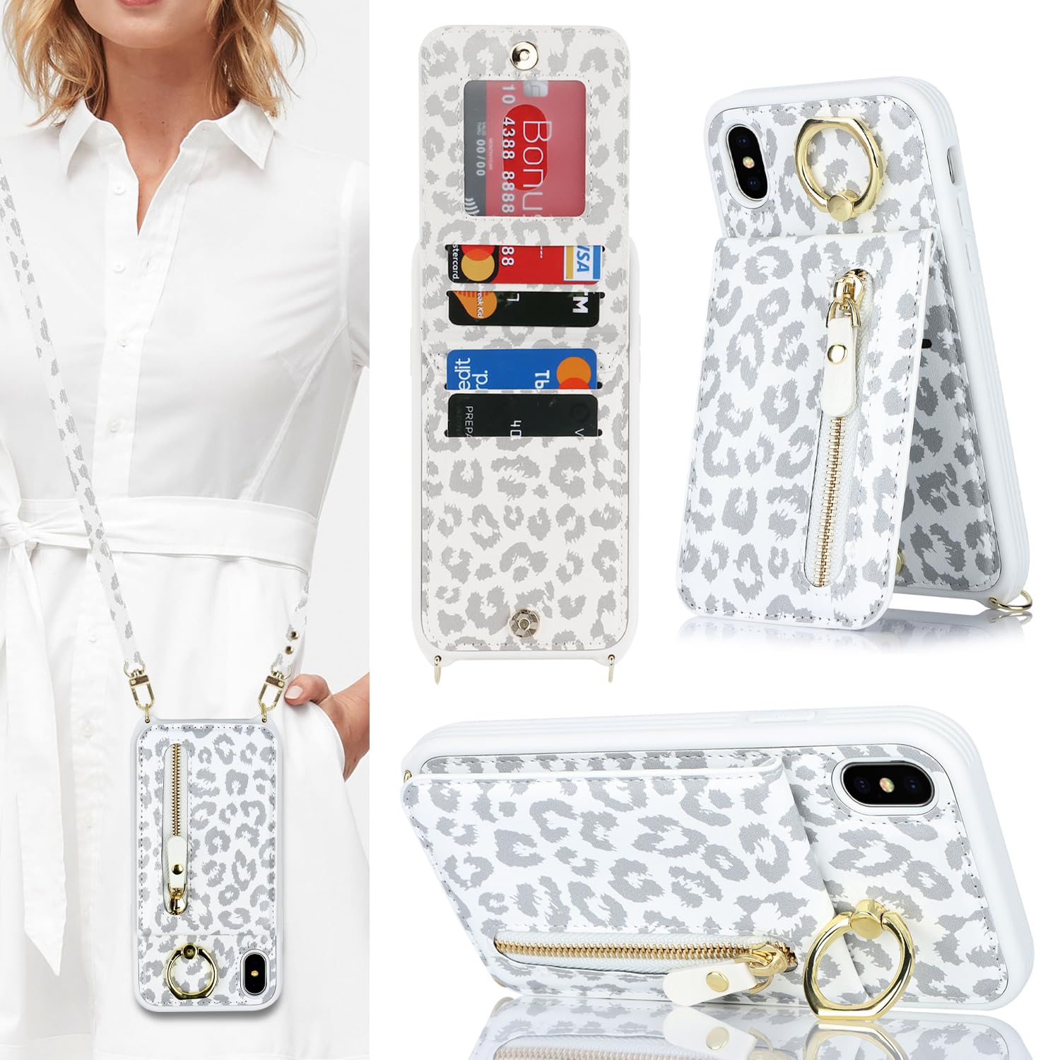 Premium iPhone Xs Max Wallet Case for Women - Slim Card Holder with Strap, Kickstand & Zipper Closure (White Leopard Print) | Perfect for Everyday Use, Travel & Hands-Free Convenience