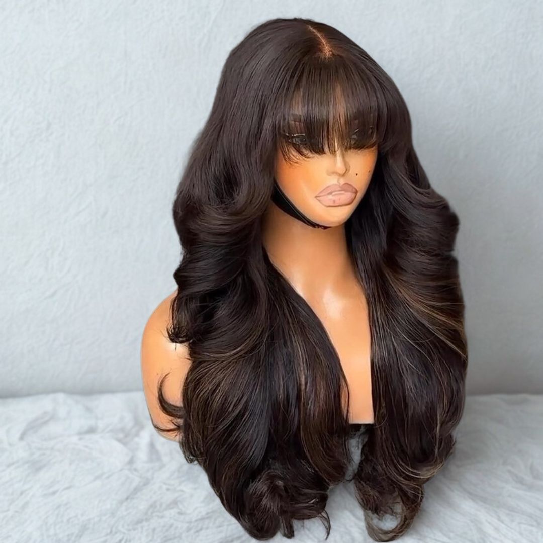 Eullair 13x4 Lace Front Wig with Butterfly Curls & Bangs - 250% Density Black to Brown Highlight Human Hair Wig for Women - Perfect for Daily Wear, Parties & Cosplay