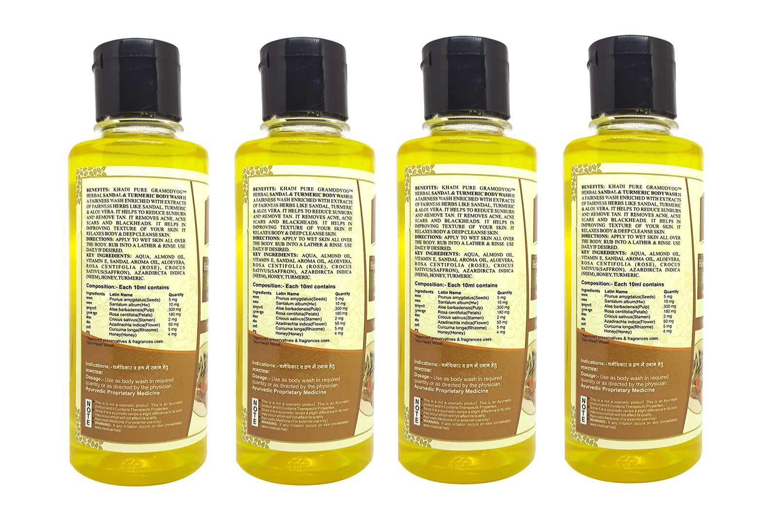 Khadi Pure Herbal Sandal & Turmeric Body Wash for Glowing Skin - 210ml (Pack of 4) | Natural Ayurvedic Cleanser for Dry & Sensitive Skin | Perfect for Daily Shower & Spa Relaxation