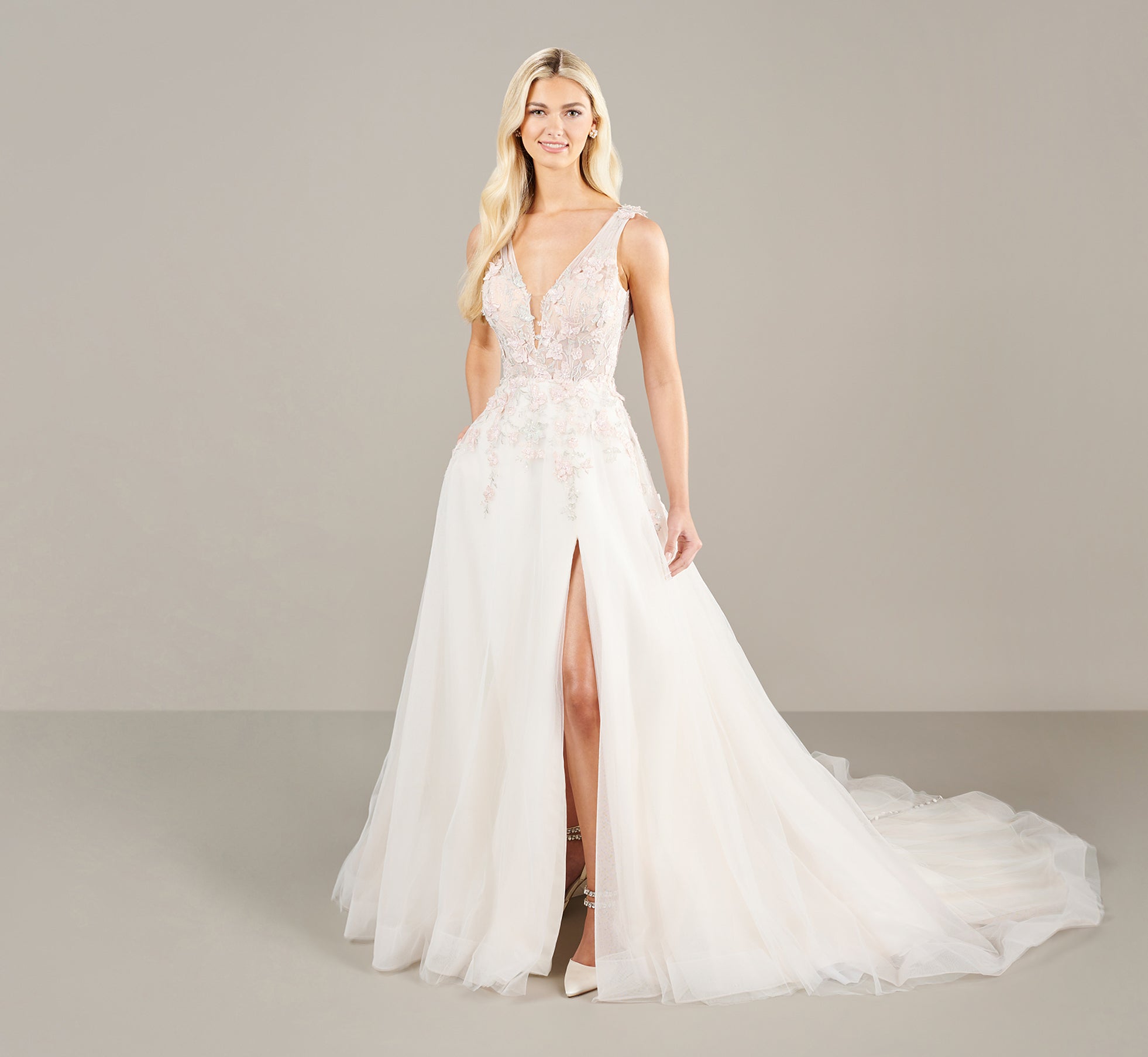 Ivory Blush Multi Lace Applique Plunging V-Neck Gown - Elegant Formal Dress for Prom, Wedding & Evening Events