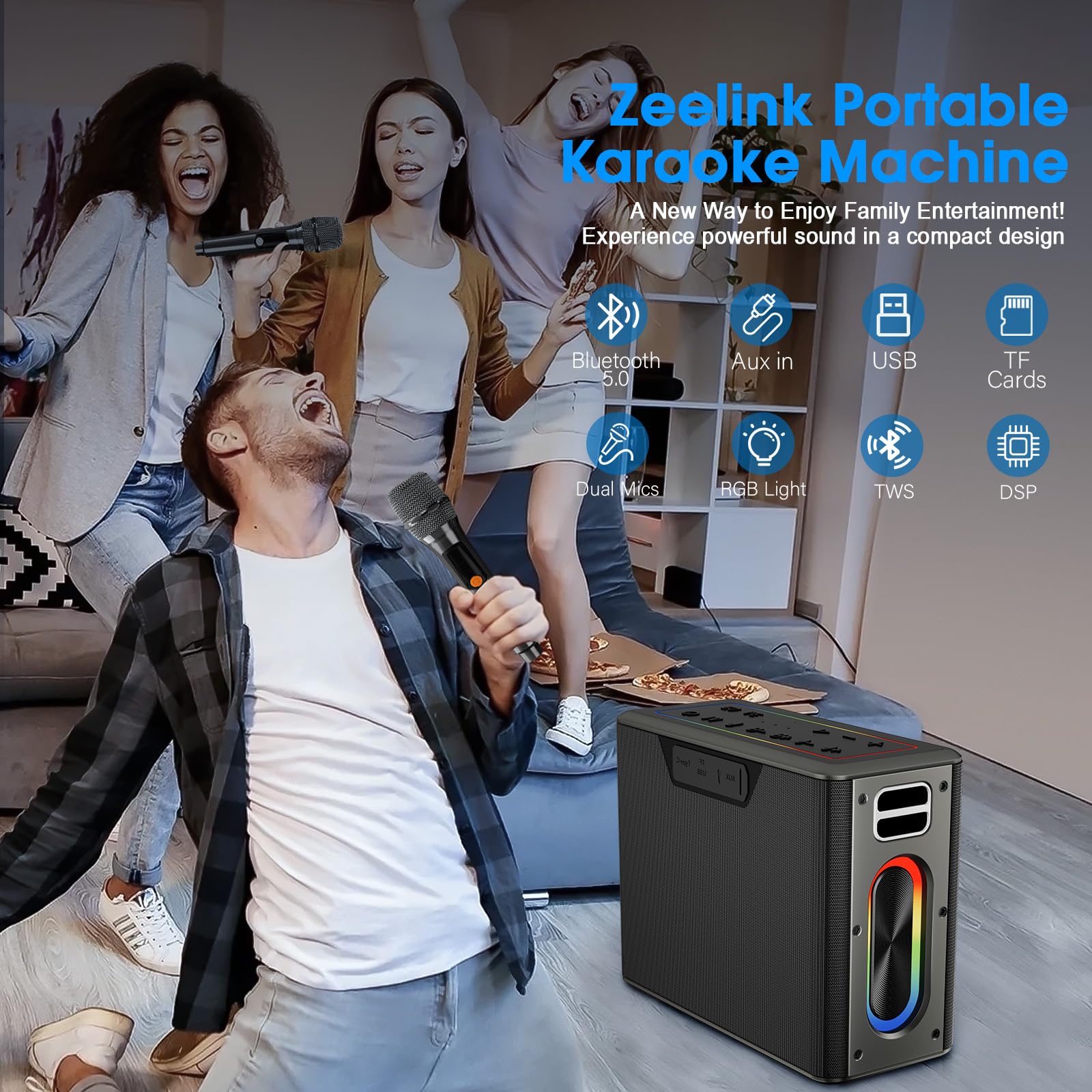 Portable Karaoke Machine with 2 Wireless Microphones - Bluetooth Speaker with LED Lights, 3 Voice Modes, BT/TWS/AUX/USB/TF Support for Home Parties, Outdoor Gatherings & Family Singing Fun