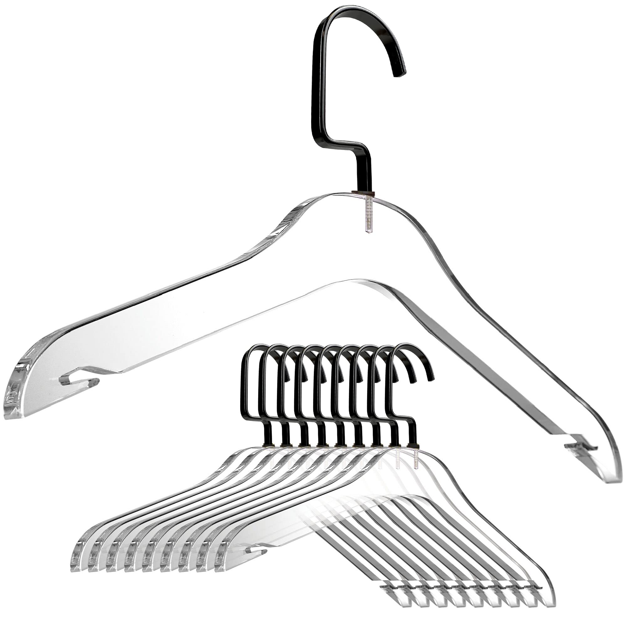 10 Pack Clear Acrylic Clothes Hangers with Chrome Plated Steel Hooks - Heavy Duty Non-Slip Closet Organizer for Suits, Jackets & Sweaters - Stylish Shiny Black Designstyles Hangers for Wardrobe Organization & Clothing Protection