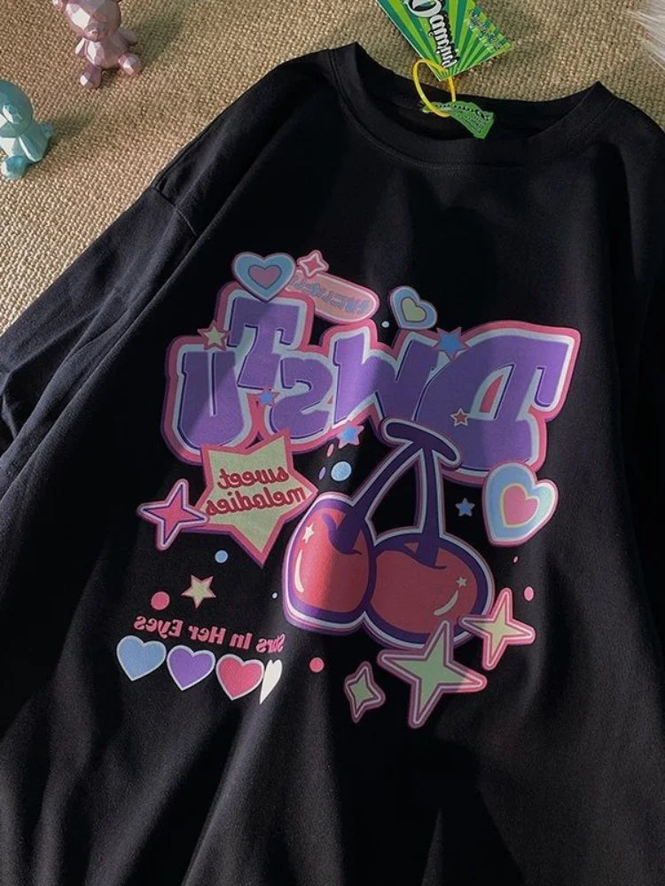 Cartoon Fruit Print Women's T-Shirt - Cute Oversized Y2K Harajuku Style Short Sleeve Tee for Women & Girls | Perfect for Casual Wear, Street Fashion & Retro Outfits