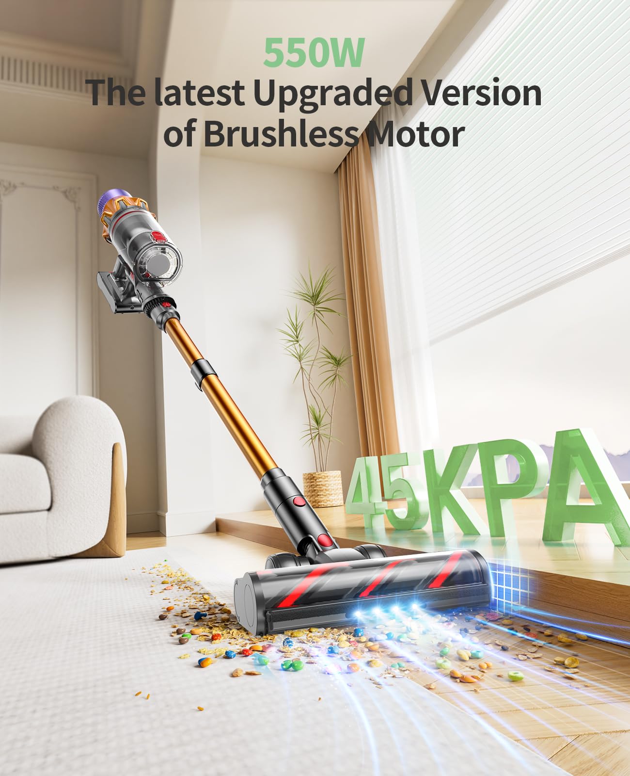Powerful 550W 45Kpa Cordless Vacuum Cleaner with Touch Screen - 60 Min Runtime, Wall Mount Charging & Self-Standing Design - 1.5L Dust Cup for Pet Hair, Carpets & Hardwood Floors - Perfect for Home Cleaning & Quick Pickups