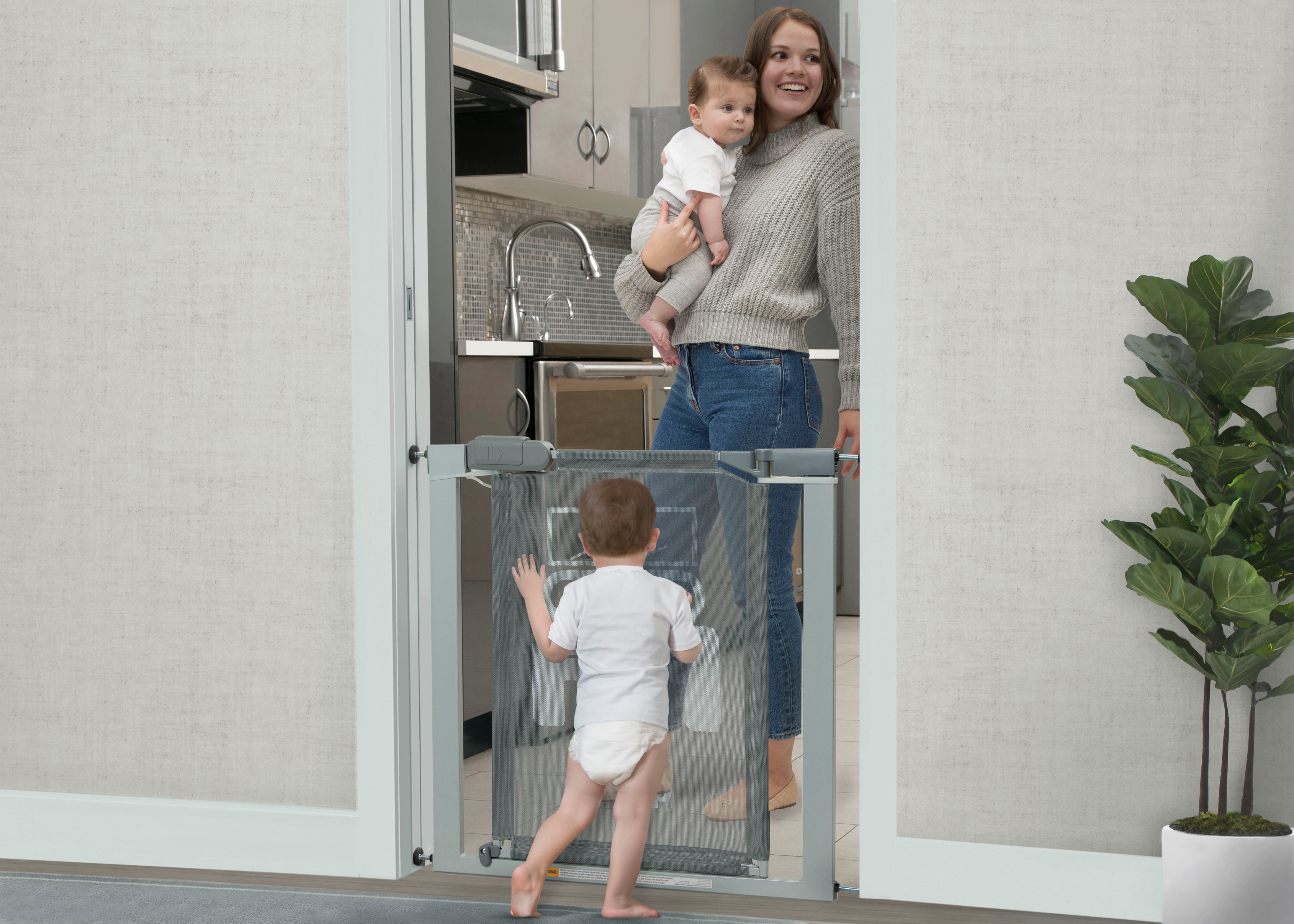 Jeep Adjustable Baby Safety Gate - Pressure Mount Walk-Through Door for Stairs & Hallways - Easy Installation Child Proof Gate for Home Safety (White) - Perfect for Doorways, Stairs & Pet Barriers