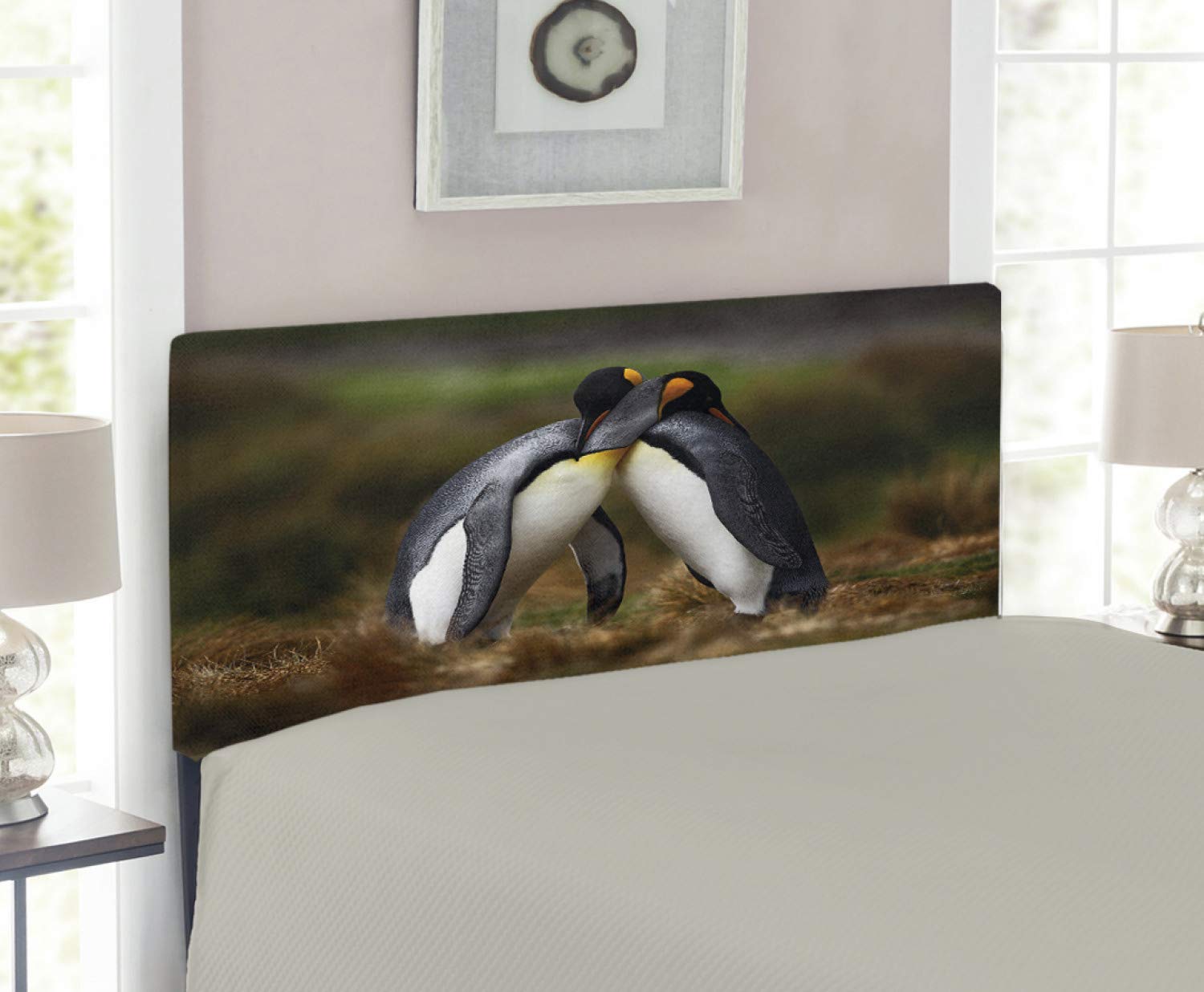 Ambesonne Twin Size Upholstered Animal Headboard - Penguin Couple Cuddling in Wild Nature, Decorative Metal Bed Frame with Memory Foam, Multicolor | Perfect for Kids' Room, Nursery, or Wildlife-Themed Bedroom Decor