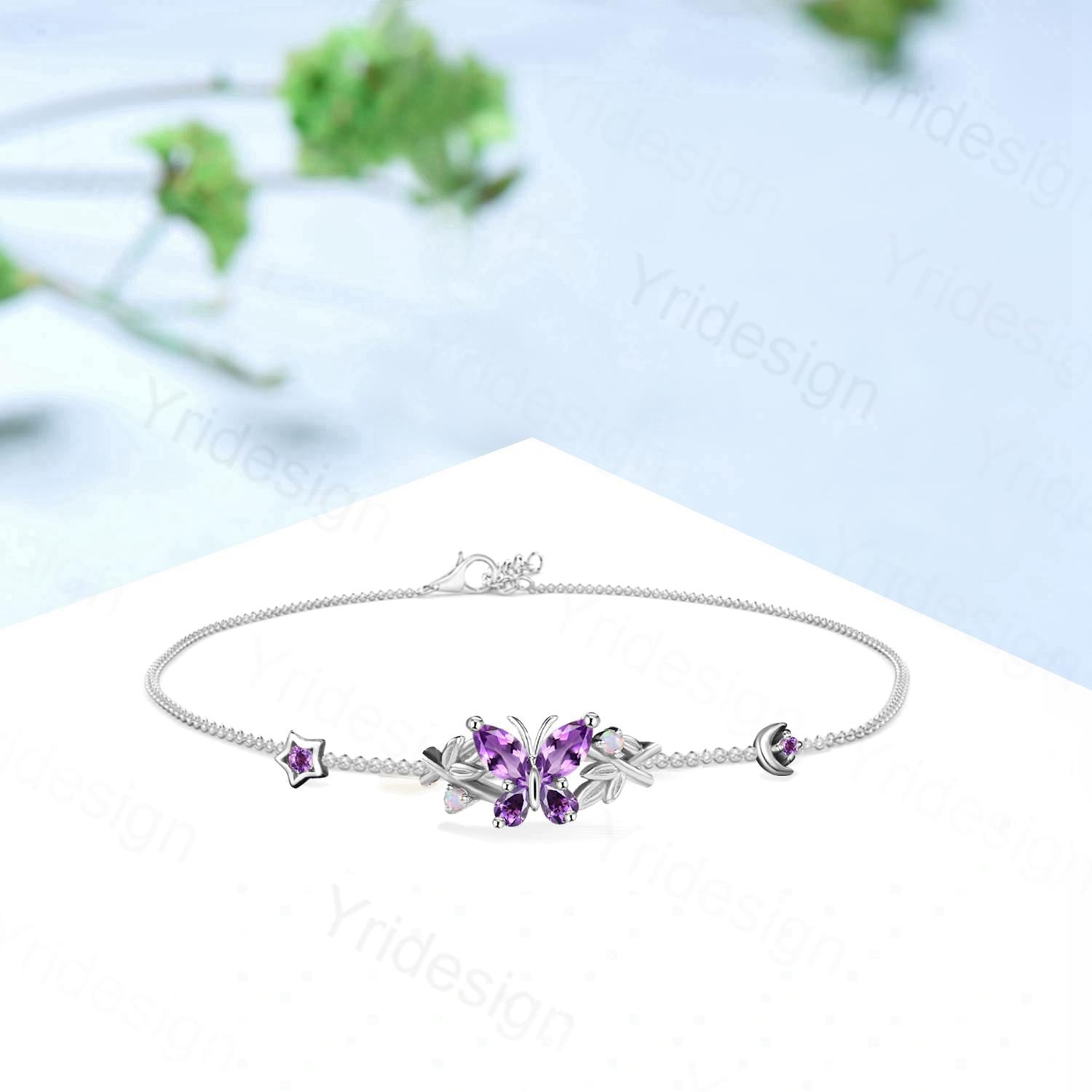 Elegant Butterfly Opal Bracelet - Nature Inspired Leaf Vine Design with Lobster Claw Clasp in Silver & Gold | Art Deco Moon Star Jewelry for Anniversary Gifts | Perfect for Weddings, Date Nights & Special Occasions