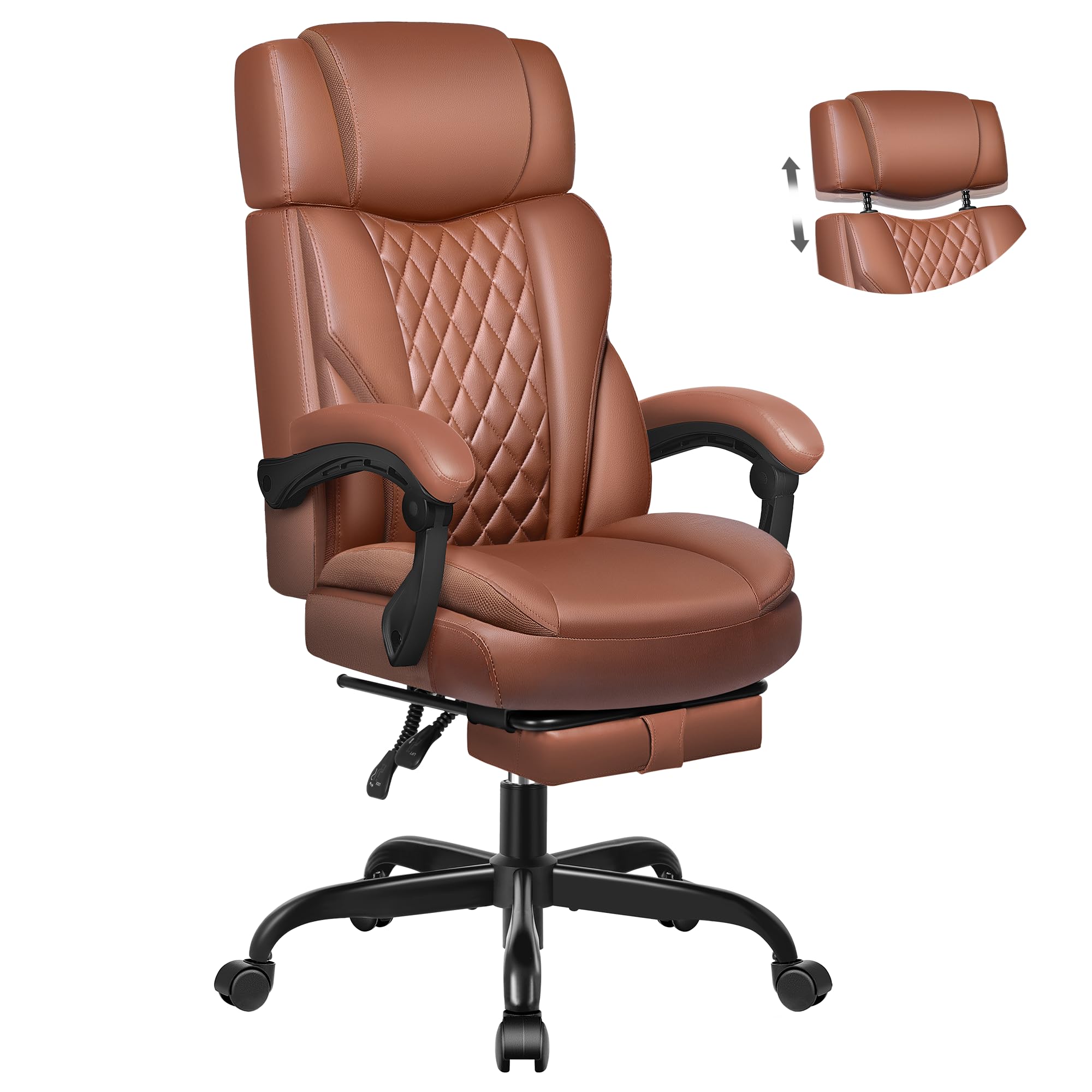 Premium Executive Leather Office Chair - Big & Tall Ergonomic Desk Chair with Adjustable Lumbar Support, Footrest & Reclining Function - Perfect for Home Office, Gaming & Professional Workspaces