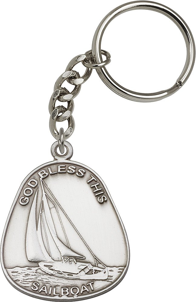 Antique Silver-Plated God Bless This Sailboat Keychain - 1.7/8
