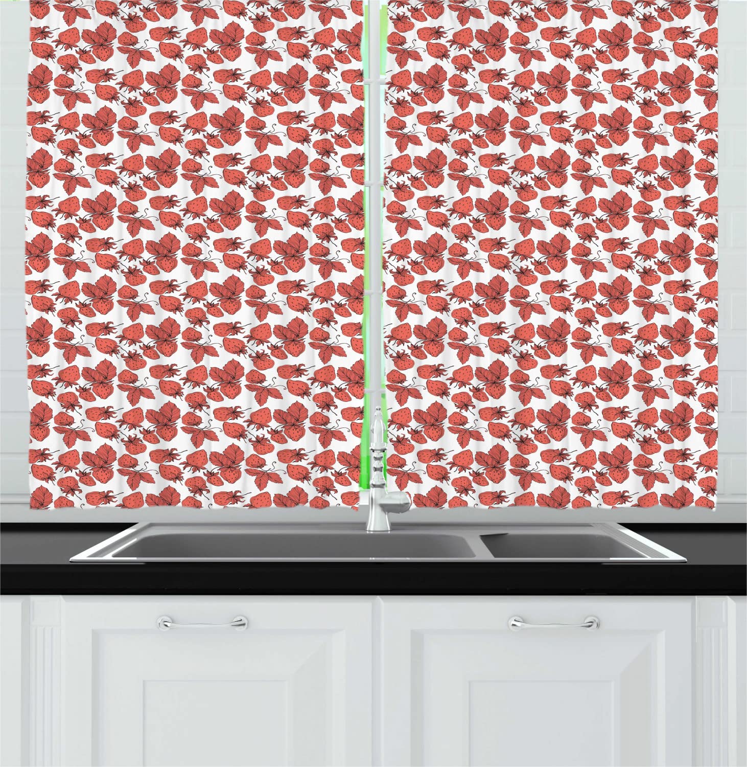Ambesonne Strawberry Print Kitchen Curtains - Colorful Berries & Leaves Sketch Design on Plain Background, 2 Panels with Rod Pocket, 55