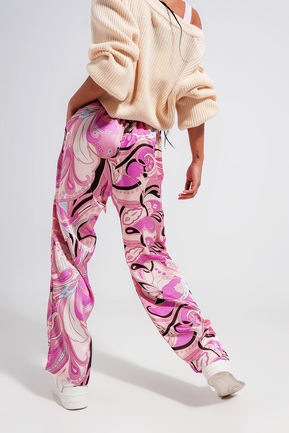 Women's Wide Leg Pants with Pink Belt - Comfortable High Waist Trousers for Casual Wear & Office Outfits
