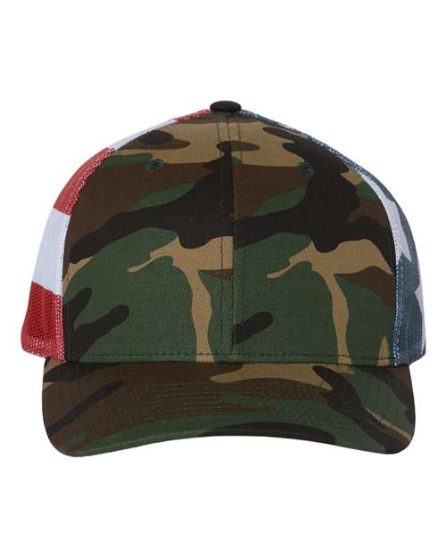 112PM Printed Mesh Trucker Cap - Green Camo & Stars Design - Breathable Adjustable Baseball Hat for Men & Women - Perfect for Outdoor Sports, Hiking and Casual Wear