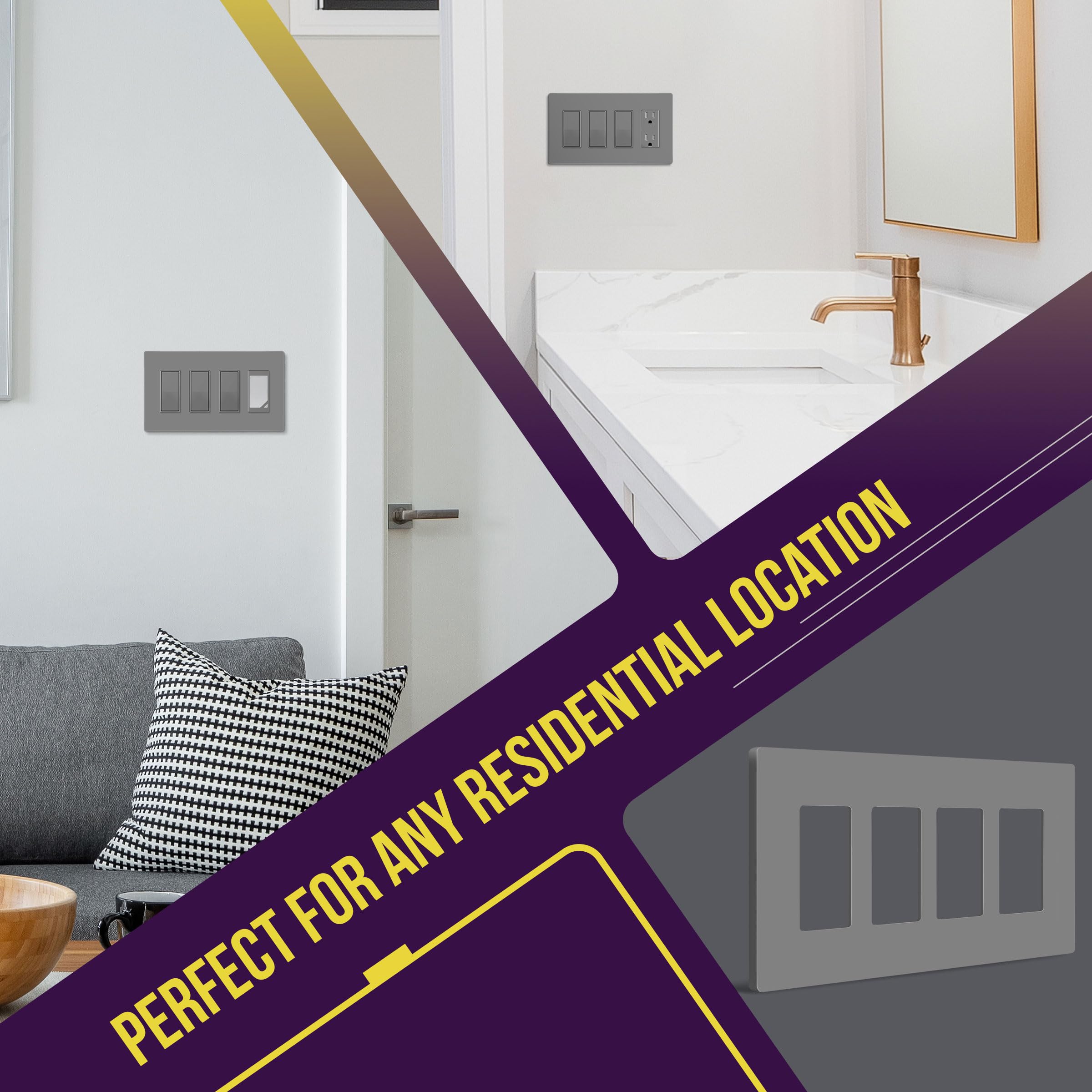 ENERLITES Screwless Decorator Wall Plates - Child Safe Outlet Covers, Glossy Gray Finish, Medium Size 4-Gang (4.88