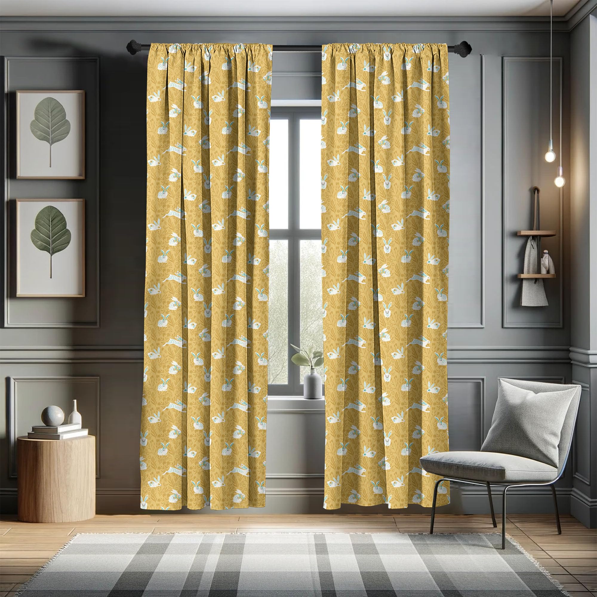 Ambesonne Bunny Curtains - Countryside Field Nature Inspired Animal & Floral Print Window Panels (Set of 2, 28x84 inches) in Mustard Seafoam White for Living Room & Bedroom Decor | Perfect for Farmhouse, Nursery & Boho Style Homes