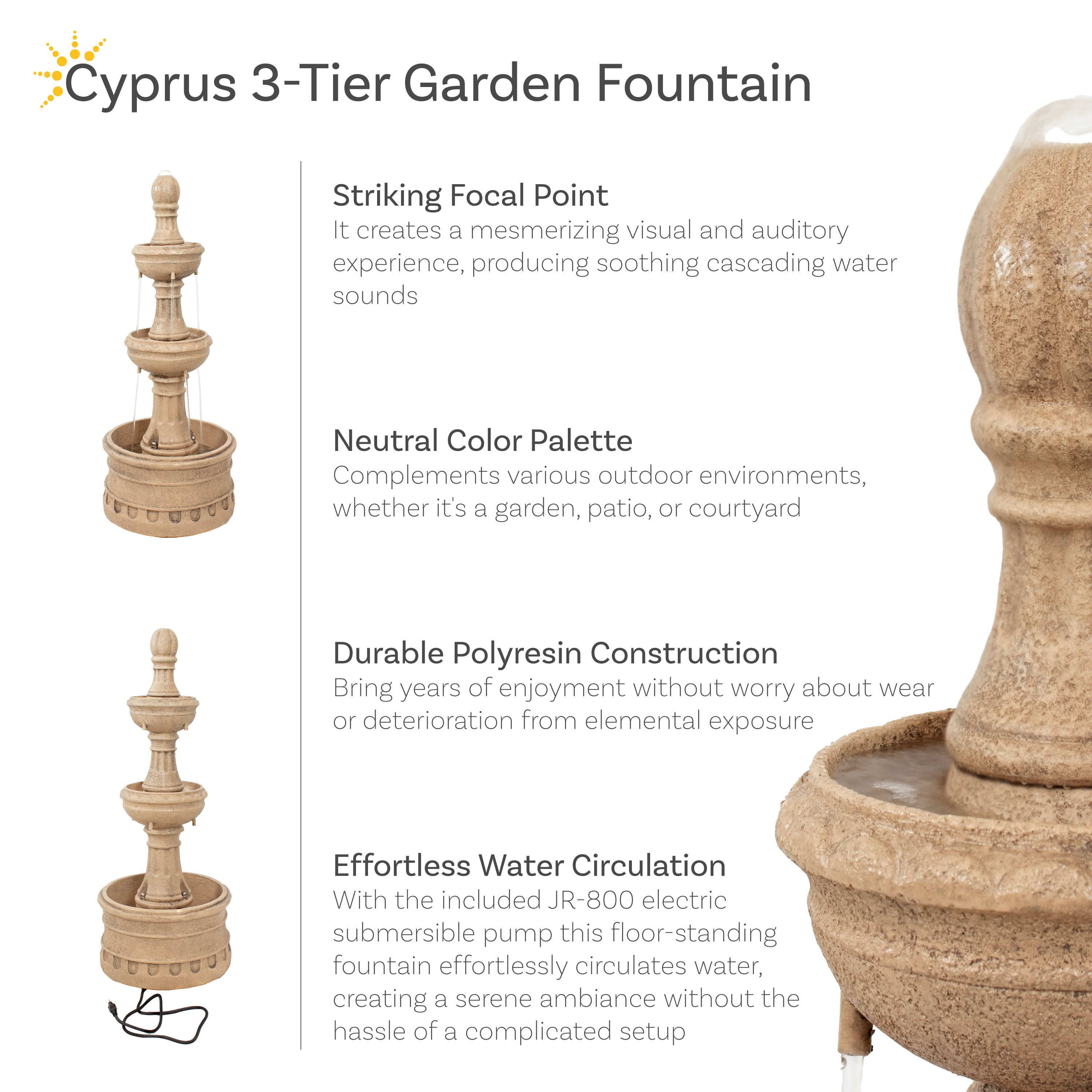 Sunnydaze Cyprus 3-Tier Polyresin Outdoor Water Fountain - 39 Inch Height, Garden Decor, Patio Fountain for Backyard, Porch, and Landscape (Perfect for Relaxation and Outdoor Ambience)