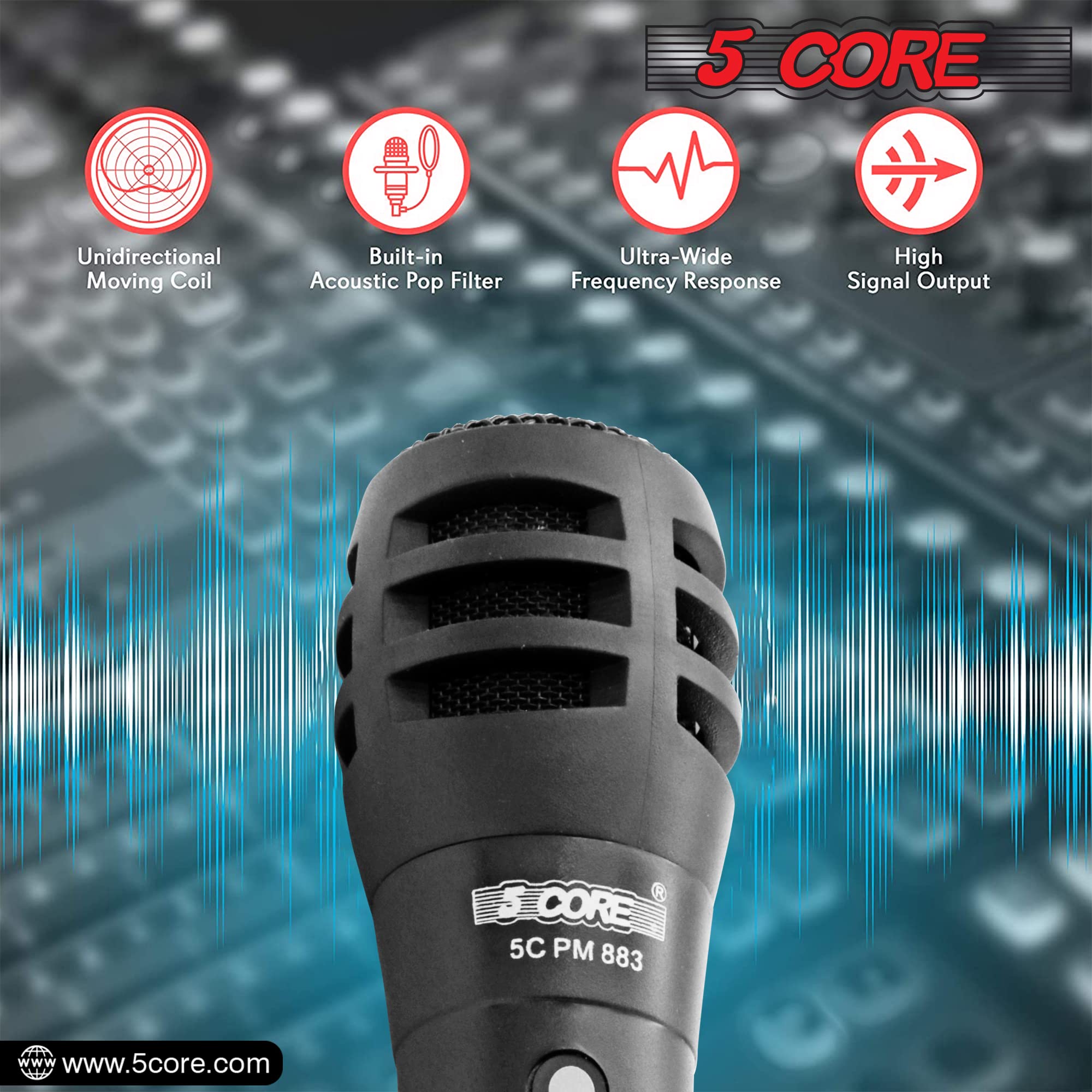 5 CORE Dynamic Vocal Microphone - Cardioid Unidirectional Handheld Mic with On/Off Switch & XLR Cable for Singing, Karaoke, Live Performances & Studio Recording (Model PM-883)