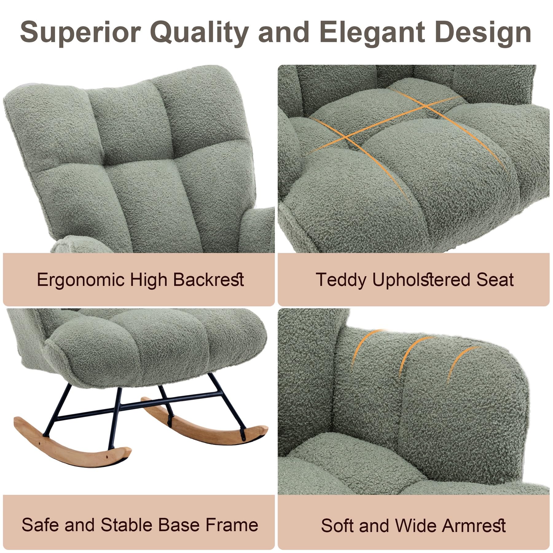 Comfy Teddy Upholstered Glider Rocking Chair with Padded Seat & High Back - Nursery Rocker for Baby Room, Living Room or Bedroom (Sage Green) | Perfect for Nursing, Reading & Relaxing