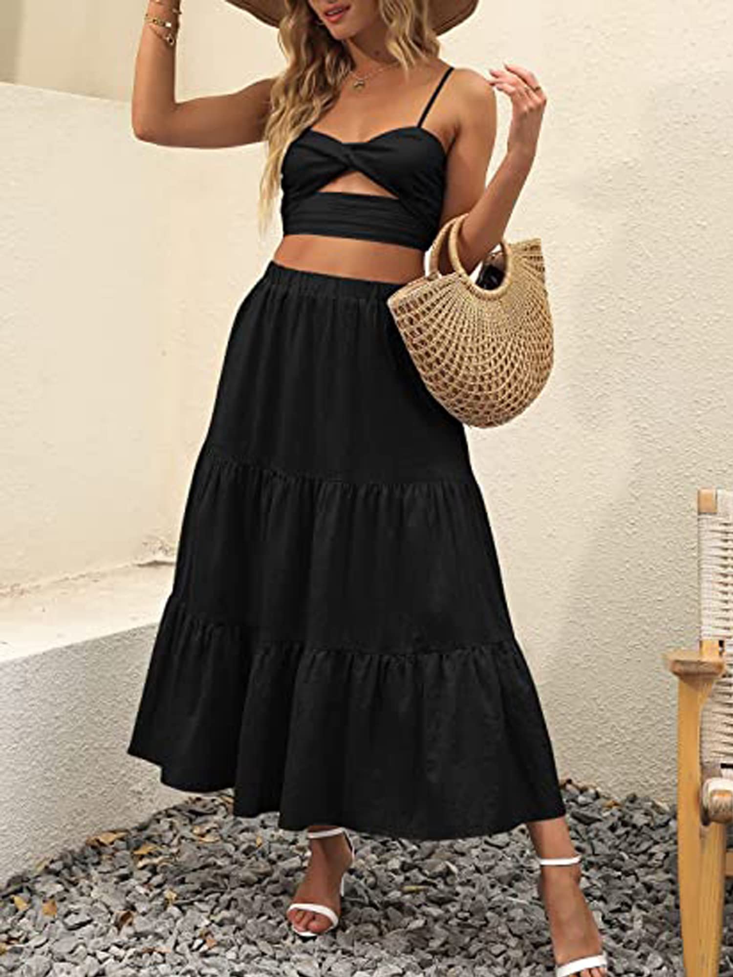 Boho Floral Maxi Dress for Women - Elastic High Waist, Pleated A-Line Swing Skirt with Pockets | Summer Beach Dress, Casual Outfit, Vacation Wear, Festival Fashion