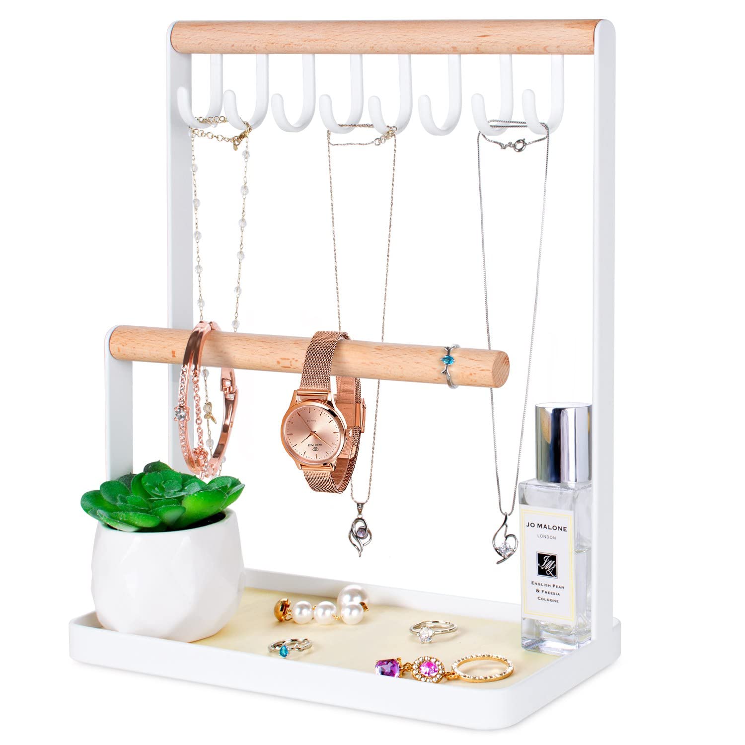 GEAMSAM 3-Tier Wooden Jewelry Stand Organizer - Necklace Holder with 8 Hooks & Earring Tray for Necklaces, Bracelets, Rings, Watches - Perfect for Bedroom Vanity, Dresser Top & Closet Organization
