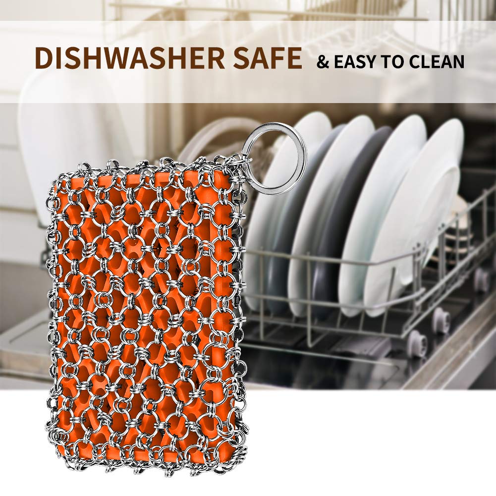 Premium 316L Stainless Steel Chainmail Scrubber for Cast Iron Pans - Flexible & Durable Cast Iron Cleaner for Skillets, Pots, Griddles - Rust-Free Scouring Pad for Kitchen Cookware (Great for Camping & Outdoor Cooking)