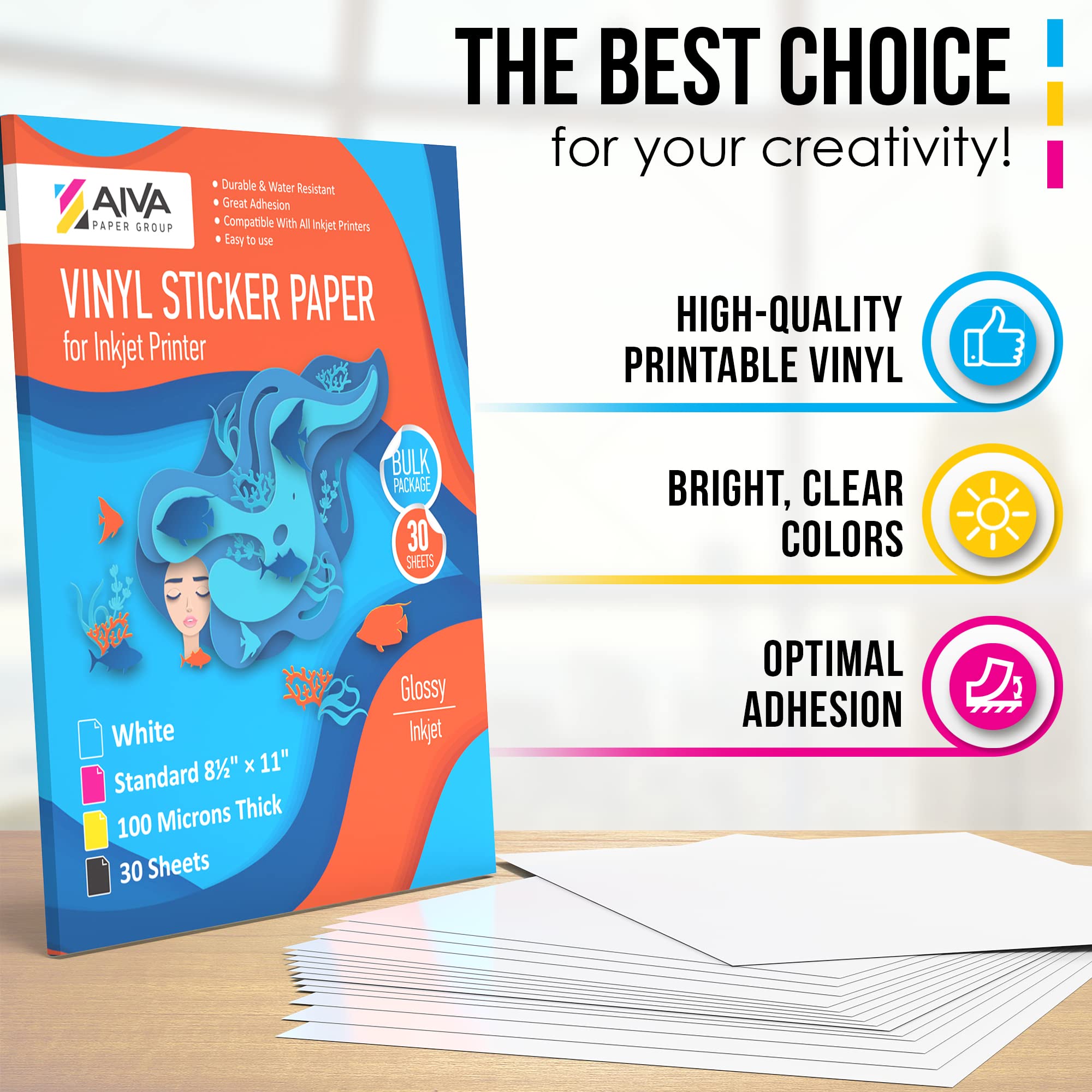 Waterproof Printable Vinyl Sticker Paper for Inkjet Printers - 30 Sheets Glossy White Self-Adhesive Decal Paper - 8.5