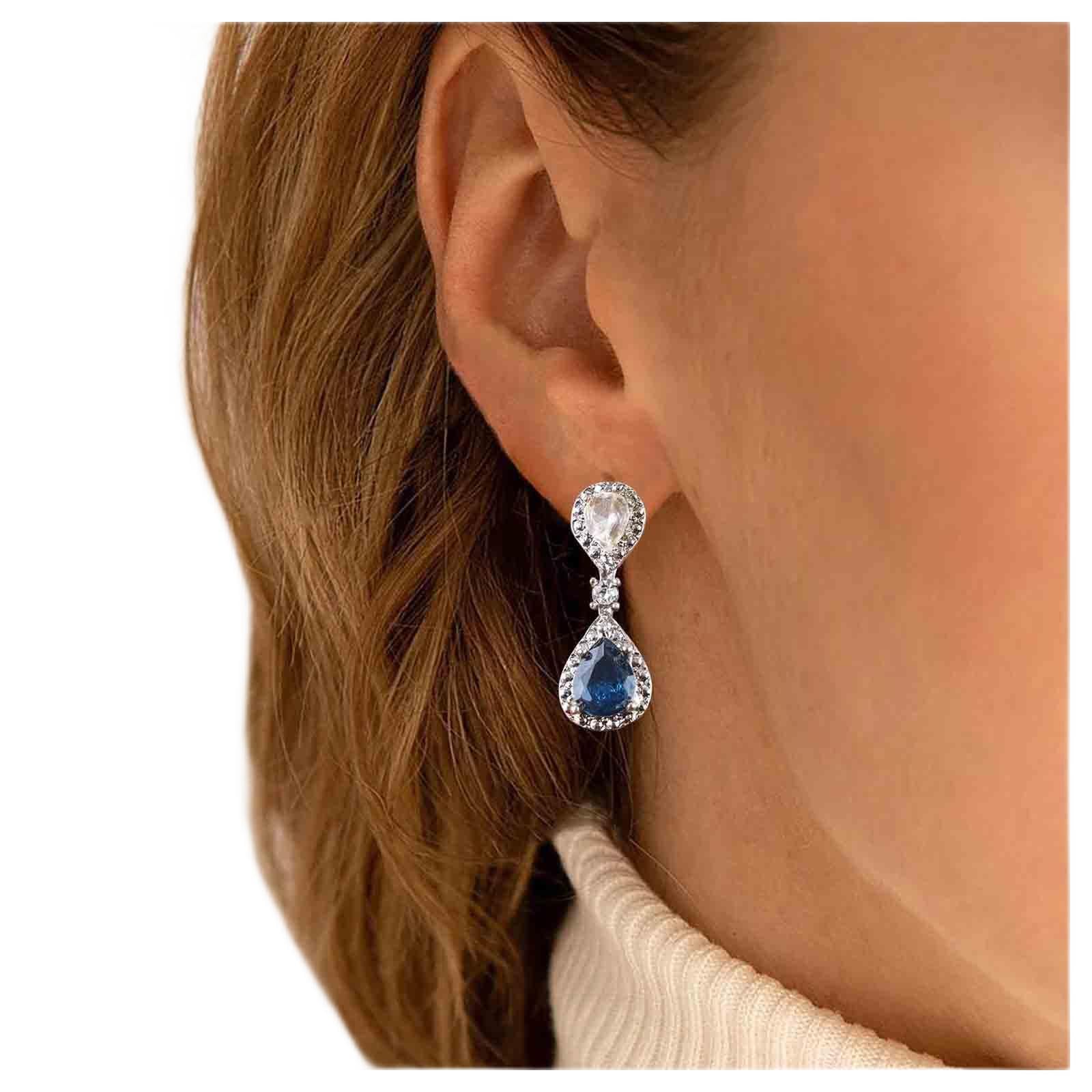 Vintage Sapphire Drop Earrings - Oval Blue Crystal Silver Teardrop Rhinestone Stud Earrings for Women | Elegant Wedding Jewelry & Gift for Girls | Perfect for Bridal, Party & Special Occasions