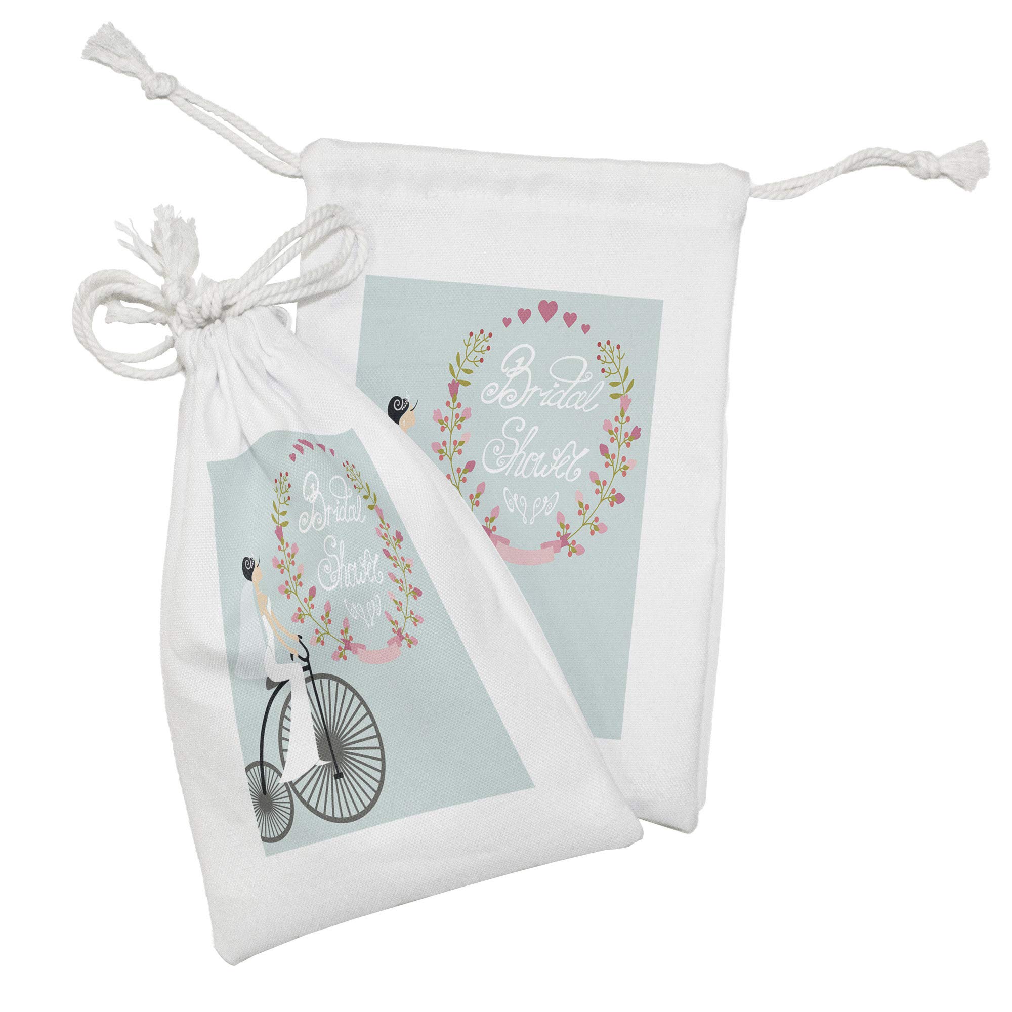 Ambesonne 2-Piece Bridal Shower Fabric Pouch Set - Wedding Dress Bicycle Floral Design Drawstring Bags (9