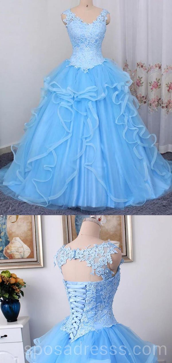Elegant Blue Lace Straps Ball Gown Long Evening Prom Dress for Women | Custom Sweet 16 Dresses | Perfect for Formal Events, Prom Nights & Quinceañera Celebrations
