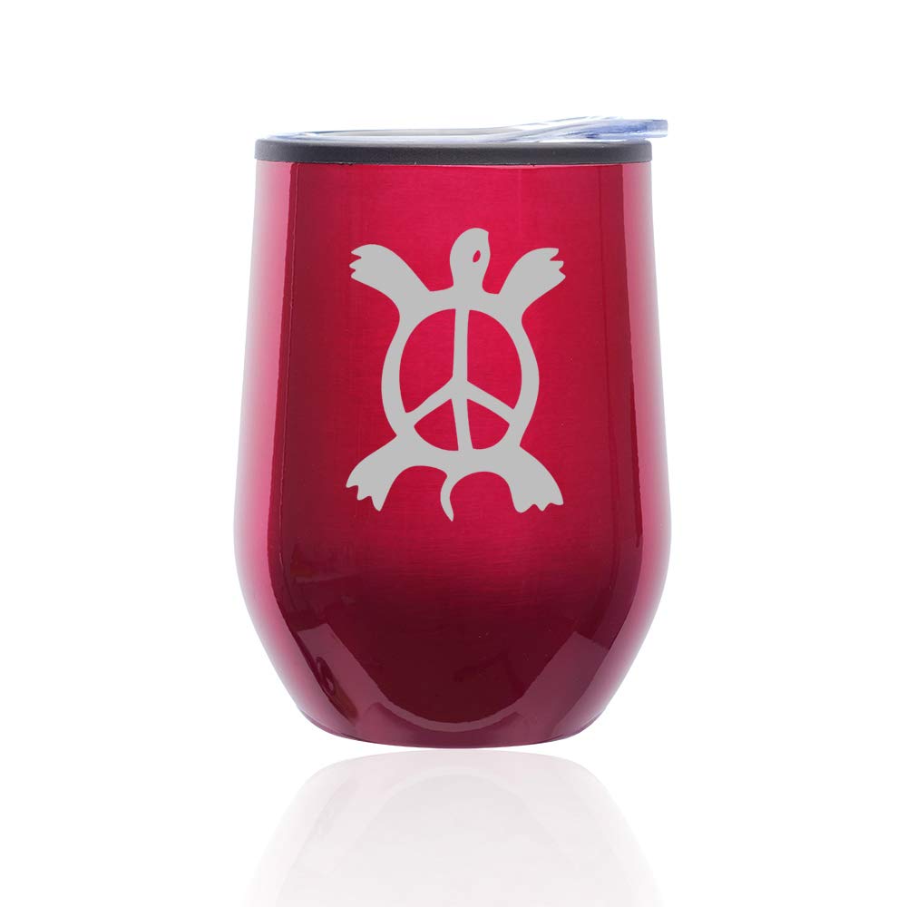 Stainless Steel Stemless Wine Tumbler with Lid - 16oz Insulated Coffee Travel Mug, Turtle Peace Sign Design in Fuchsia - Perfect for Hot/Cold Drinks, Office, Picnics & Outdoor Activities