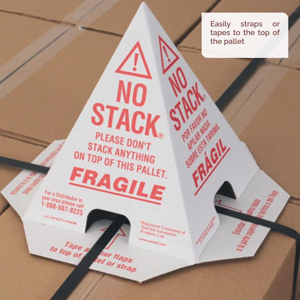 Primepack No Stack Pallet Cones - 100 Pack White/Red Safety Cones for Shipping & Handling Alerts (English/Spanish/French) - Ideal for Warehouse, Logistics & Loading Dock Safety