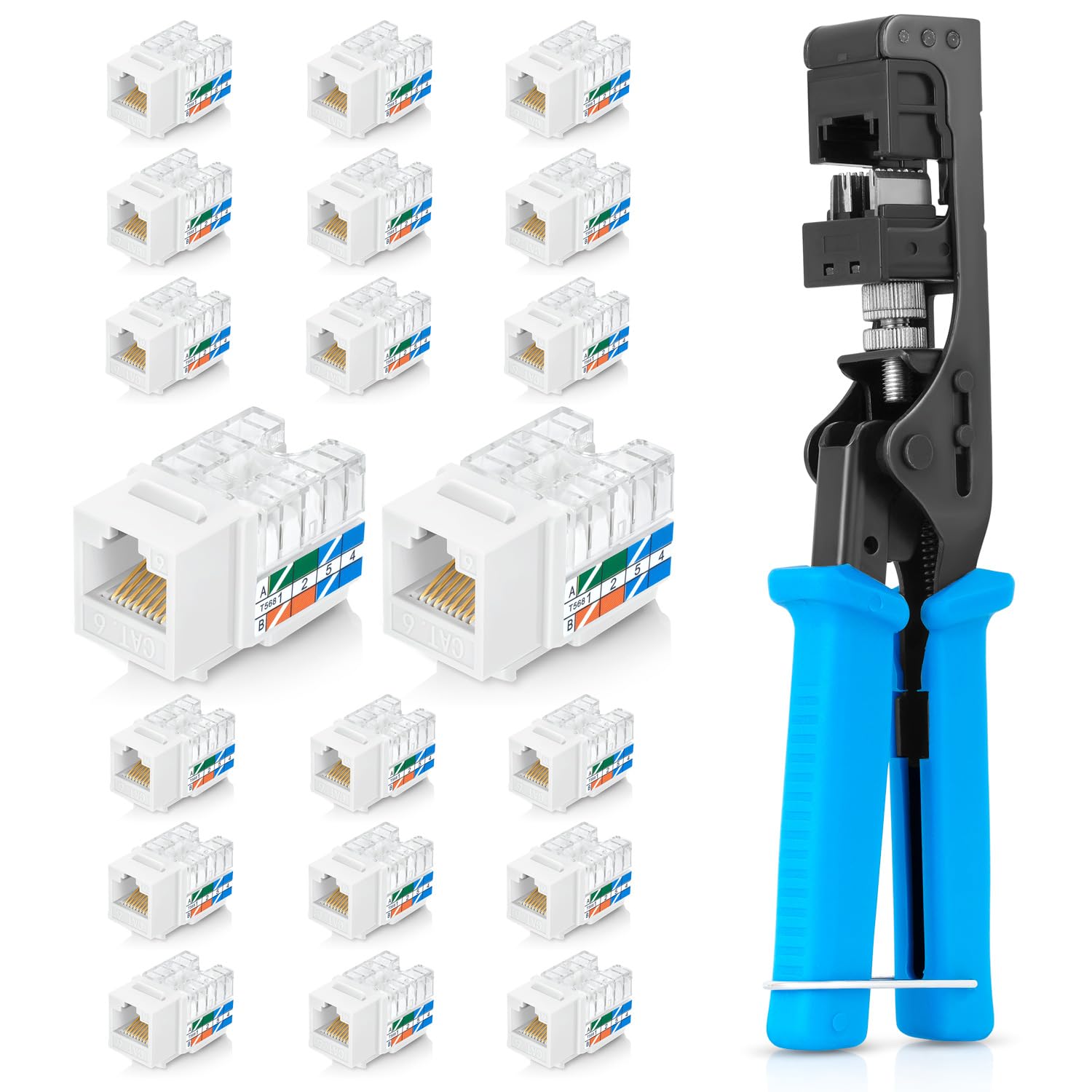 Everest Media Solutions Bundle – EasyJACK Speed Termination Tool & 20-Pack RJ45 CAT6 UTP Keystone Jacks (White) | Professional Network Installation Kit for Home & Office Ethernet Setup