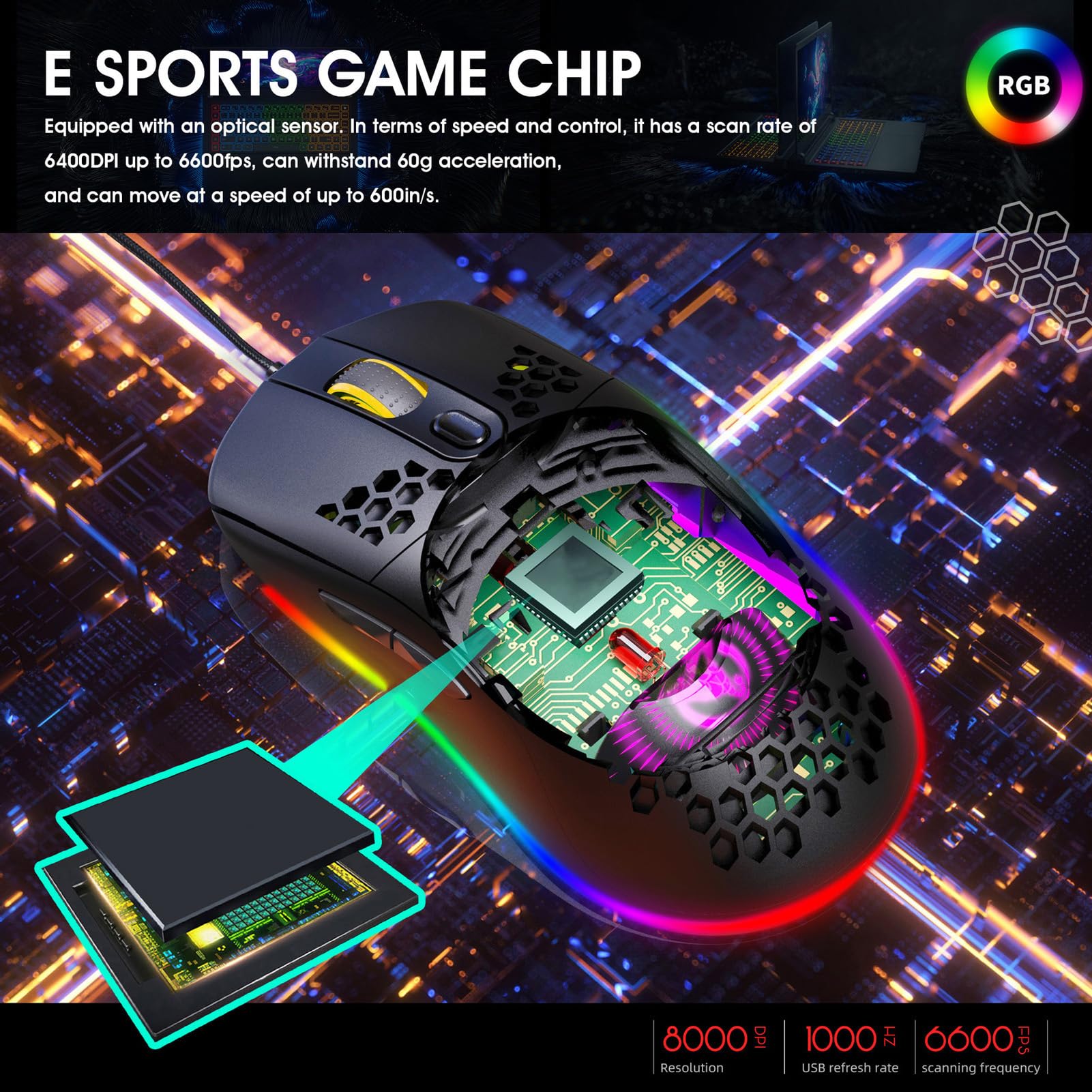 Wired Gaming Mouse with RGB Backlit, 8000DPI Adjustable Optical USB Mouse, 6 Programmable Buttons, Ergonomic Design for Windows/PC/Laptop Gamers - Perfect for FPS, MOBA, and Office Use (Black)