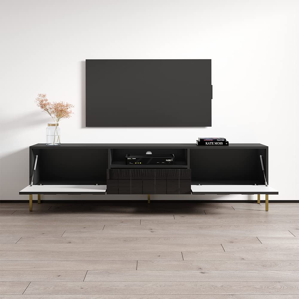 Elegant Mid-Century Modern TV Stand with Storage Drawers - 85 Inch Media Console Table for Living Room, Bedroom & Home Theater - Black Rectangular Entertainment Center - Meble Furniture