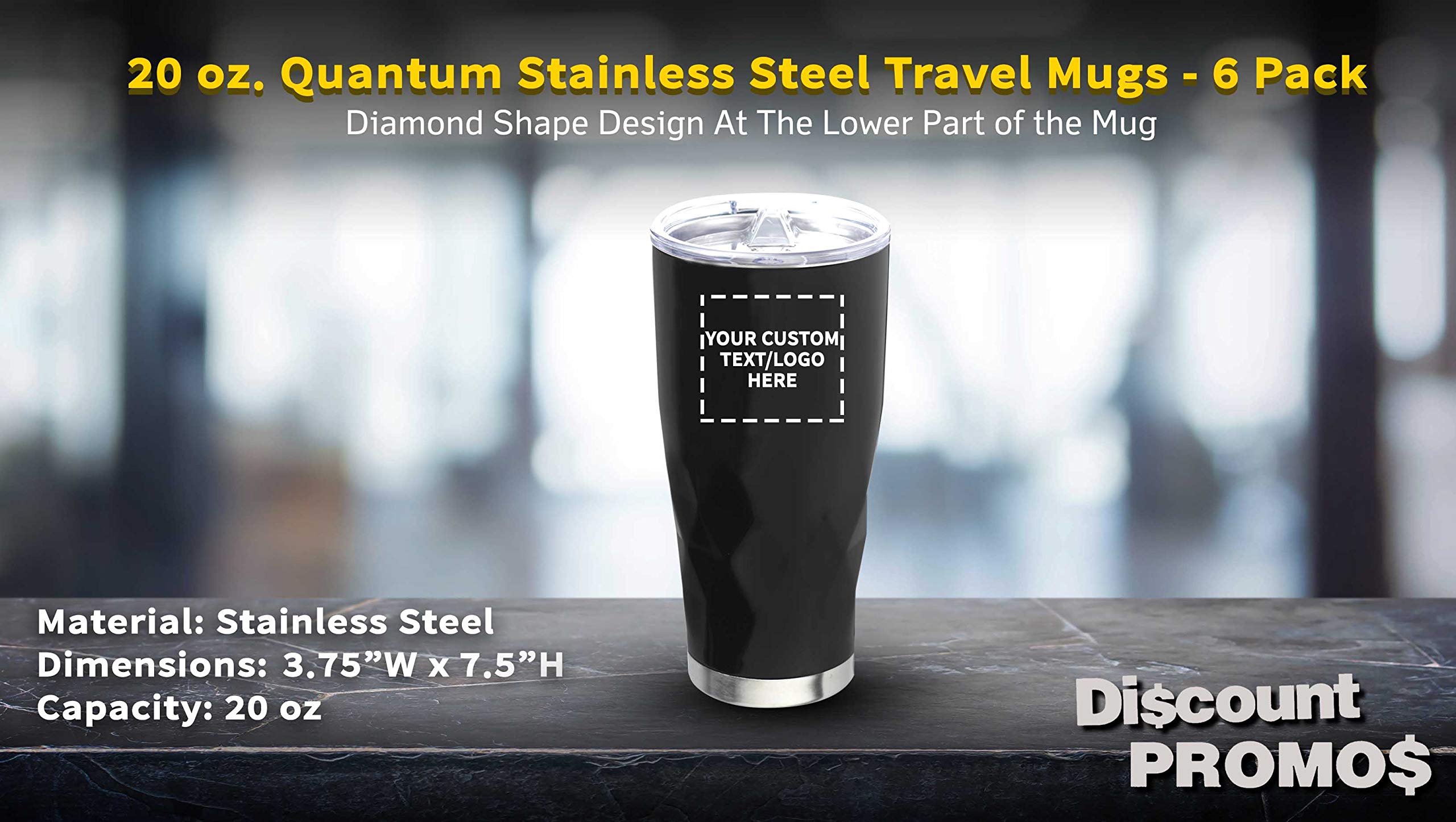 Custom 20 oz Quantum Stainless Steel Travel Mugs - 6 Pack with Personalized Text & Logo - Black - Perfect for Corporate Gifts, Office Use & Outdoor Adventures