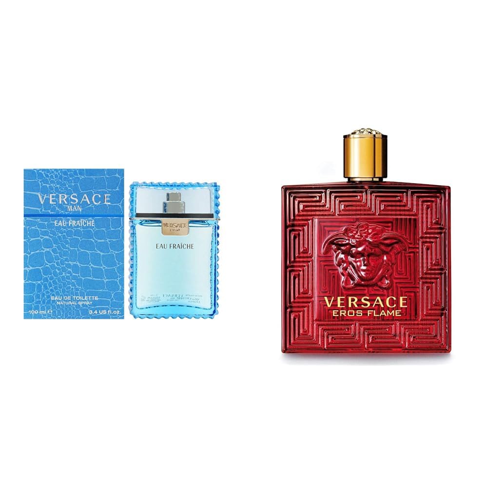 Versace Man Eau Fraiche Cologne for Men 3.4 oz Deodorant Spray & Eros Flame Eau de Parfum 1.7 oz - Fresh Citrus & Spicy Scent for Day & Night Wear, Work & Special Occasions