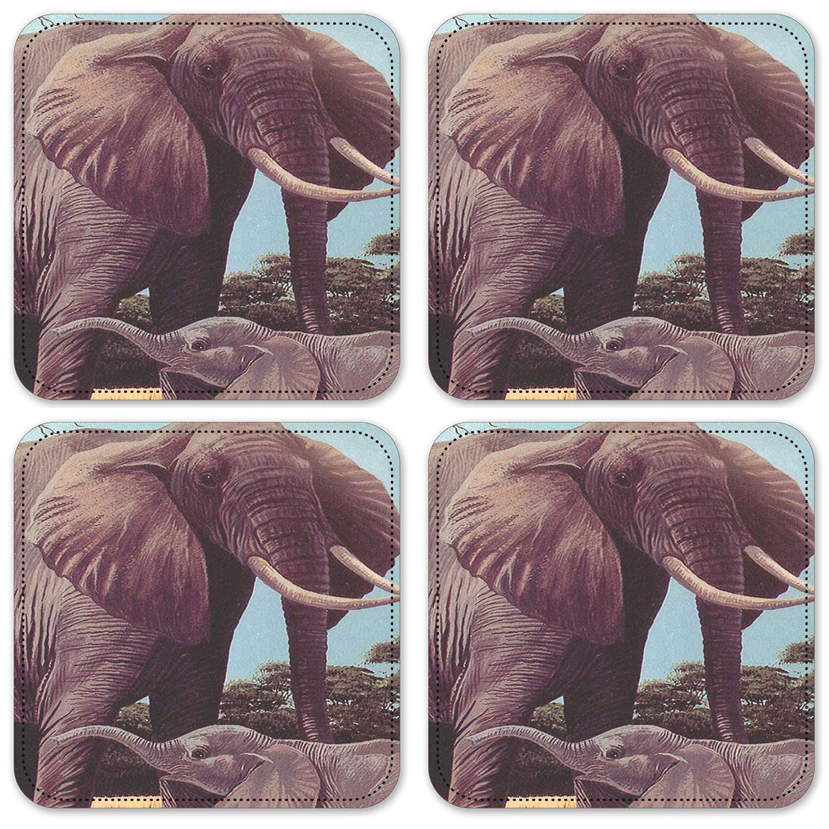 Premium Vinyl Drink Coasters Set of 4 - Elephant Design Non-Slip Beverage Protectors for Coffee Tables, Bars & Home Decor