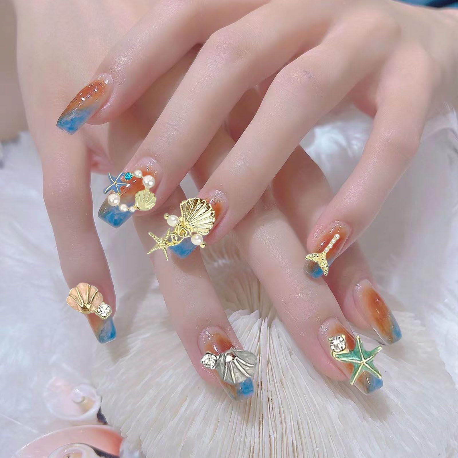 32PCS 3D Summer Beach Nail Art Charms - Rhinestones, Shells, Starfish & Fishtail Alloy Studs for Ocean Theme Manicure | DIY Nail Decoration Supplies for Summer Vacation, Beach Party & Nail Salon Designs