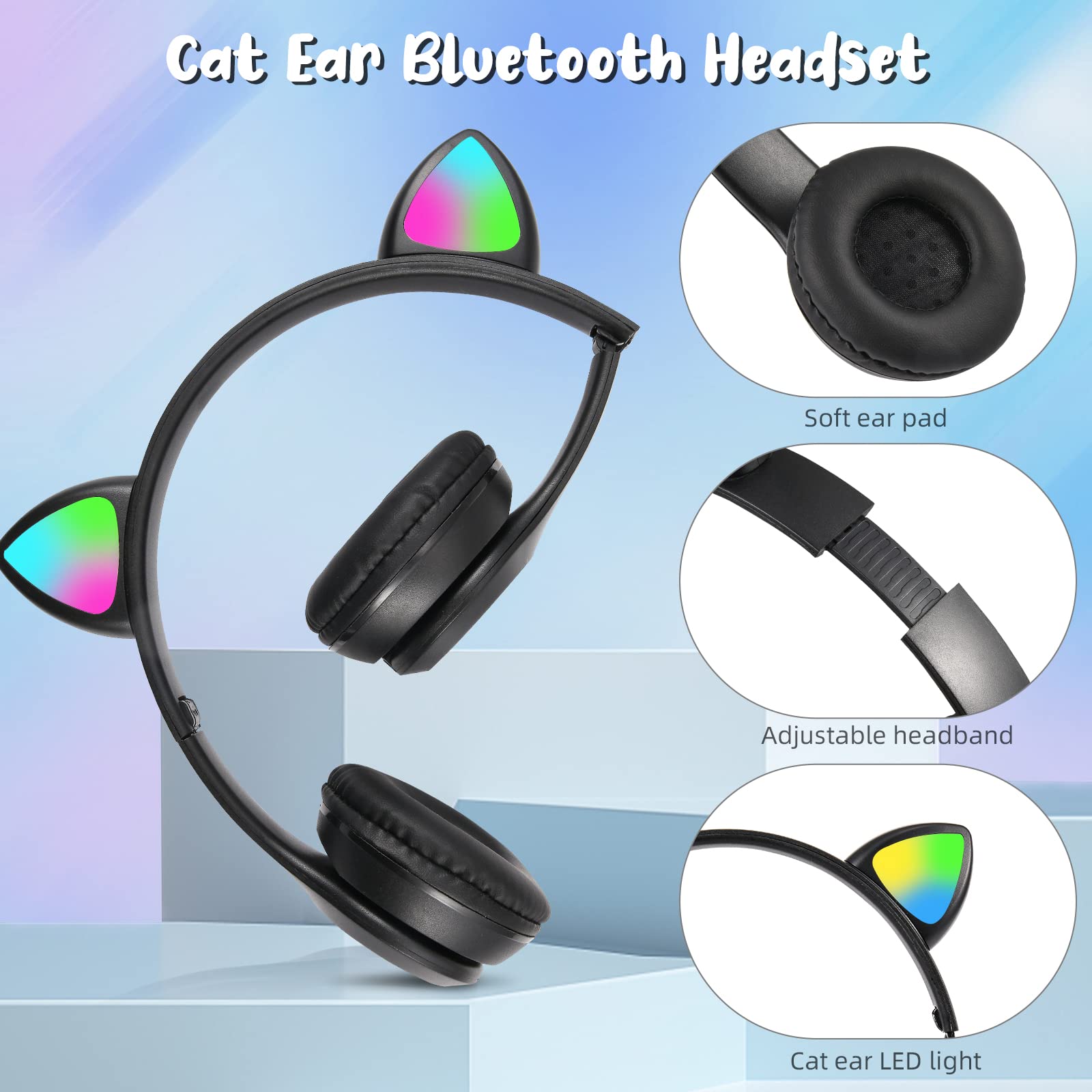 Bluetooth Wireless Kids Headphones with LED Cat Ears & Microphone - Over-Ear Stereo Headset for Children, TF Card/Wired Foldable Earphones - Perfect Gift for Boys & Girls Age 7+ (Black) - Ideal for School, Travel, and Home Use