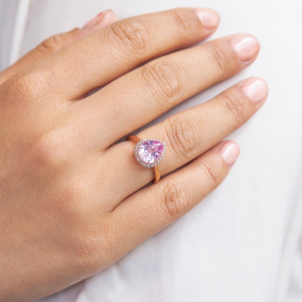 9ct Rose Gold Peach Sapphire & Diamond Pear Cut Ring for Women - Elegant Engagement, Wedding, Anniversary Jewelry Gift