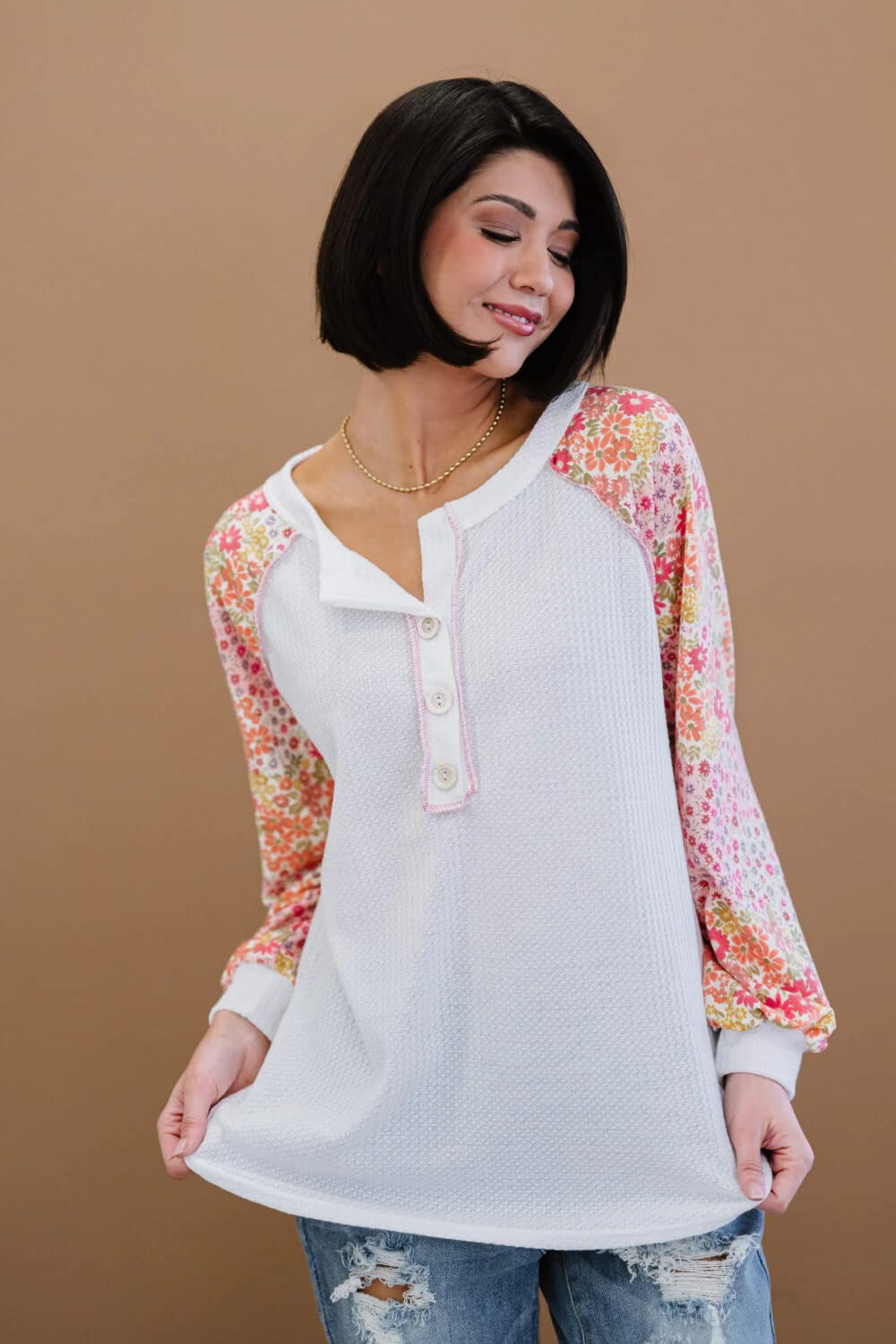 BiBi Blossom Babe Floral Waffle Knit Baseball Henley Shirt for Women - Cute Spring Outfit for Casual Wear, Date Night & Picnic
