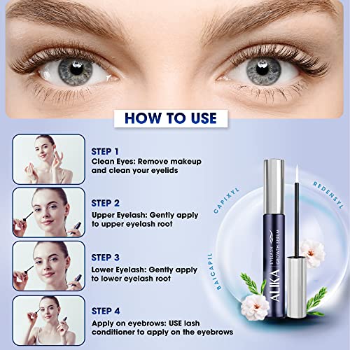 ALIKA Natural Cruelty-Free Eyelash Growth Serum with Rydensyl & Peptides - Lengthen & Thicken Lashes Fast | Vegan, Safe Formula for Luscious Eyelashes & Eyebrows | Perfect for Nighttime Lash Care & Special Occasions [5ML]