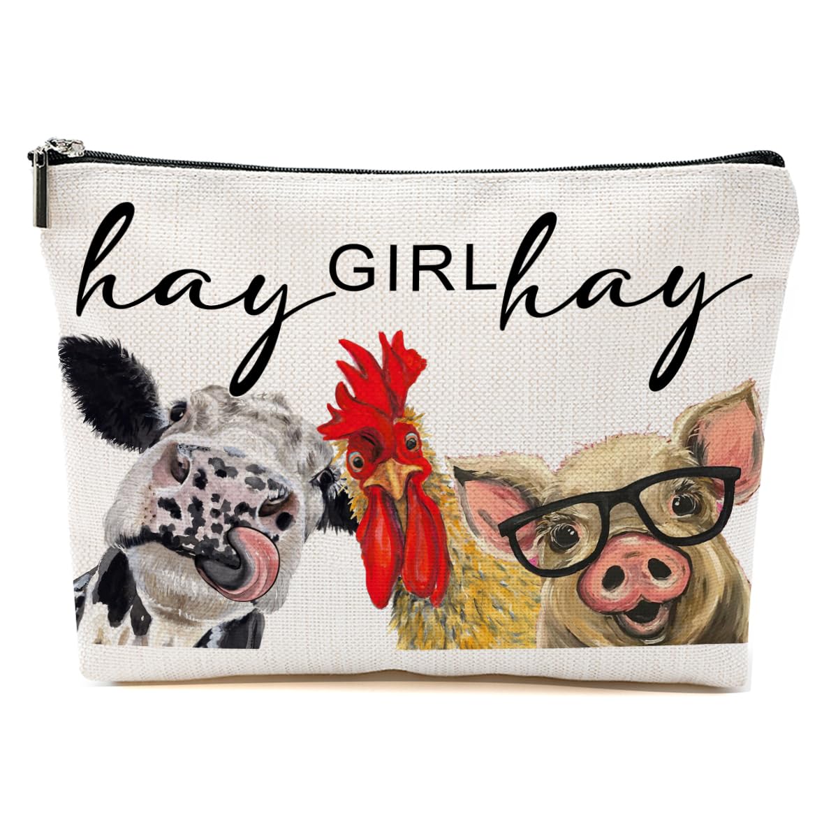 Farm Animals Themed Makeup Bag - Rooster, Cow & Pig Print Cosmetic Pouch for Women | Western Country Style Toiletry Organizer | Perfect Gift for Animal Lovers, Country Girls - Christmas, Birthday & Travel Essentials (Ideal for Daily Use, Vacation Trips & Country-Themed Parties)
