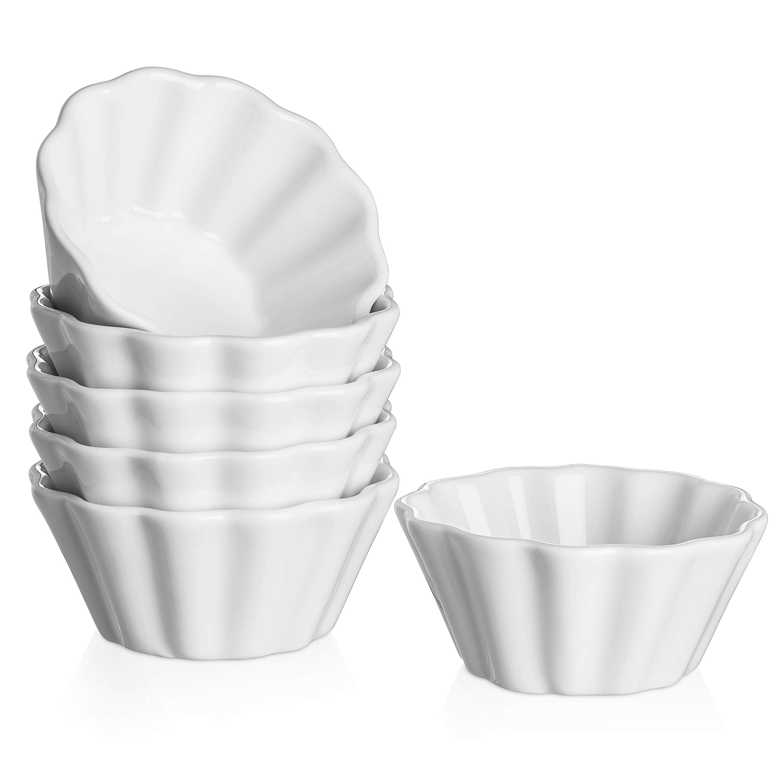 DOWAN 6 oz Porcelain Ramekins Set of 6 - Oven Safe Flower-Shaped Baking Dishes for Creme Brulee, Pudding, Souffle, Custard & Dipping Sauces - Perfect for Desserts, Appetizers & Entertaining (White)